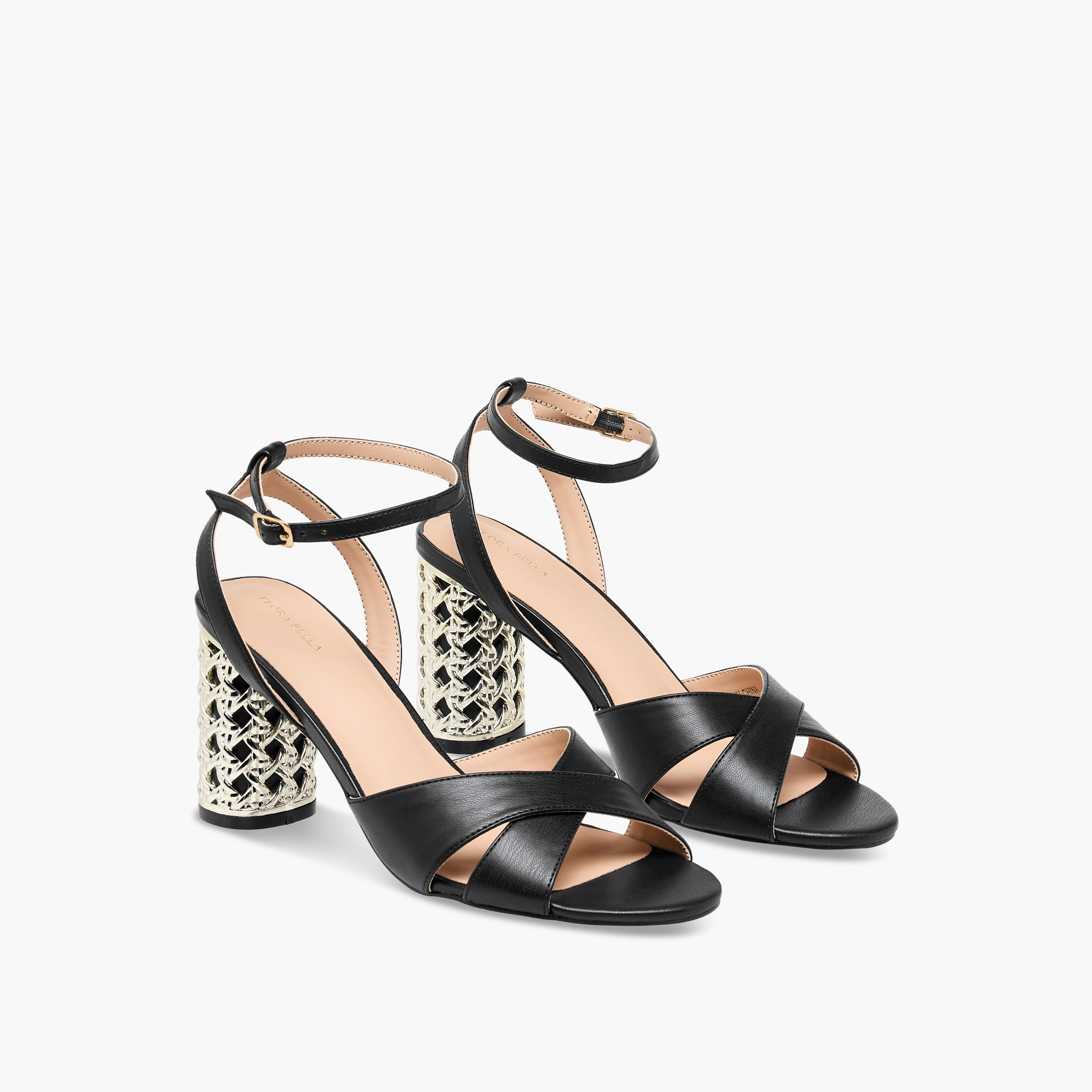 Flora Bella Cross Strap Metallic Block Heel Sandals with Buckle Closure-women-shoes-sandals-heeled-image-1