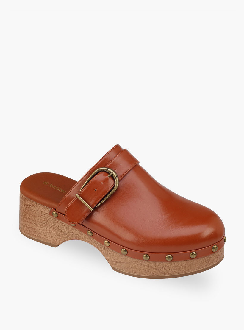 Surestep Women Buckle Detail Lightweight Block Heel Mules with Rivet Detailing-women-shoes-sandals-heeled-image-2