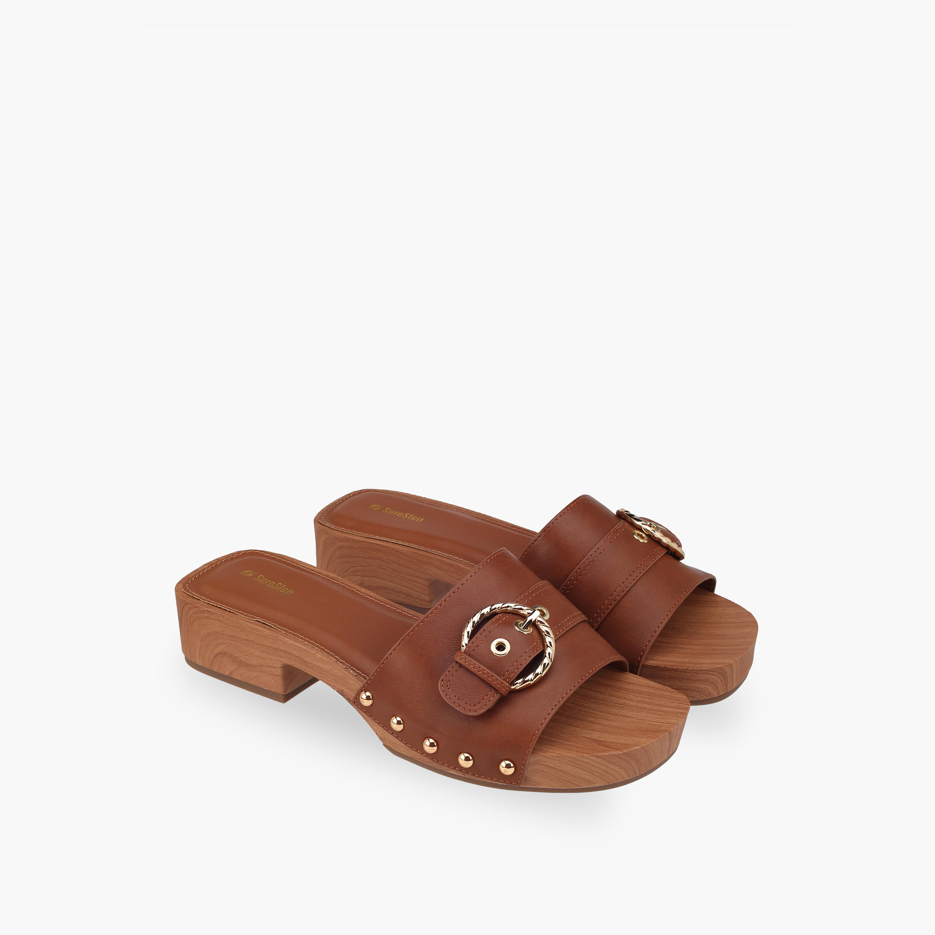 Surestep Women Lightweight Buckle Accent Block Heel Sandals with Studded Trim-women-shoes-sandals-heeled-image-1