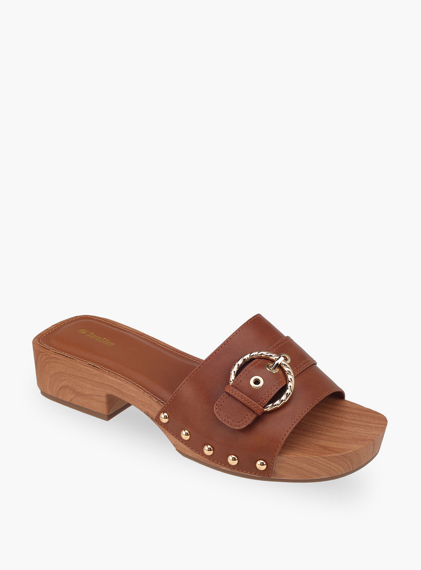 Surestep Women Lightweight Buckle Accent Block Heel Sandals with Studded Trim-women-shoes-sandals-heeled-image-2