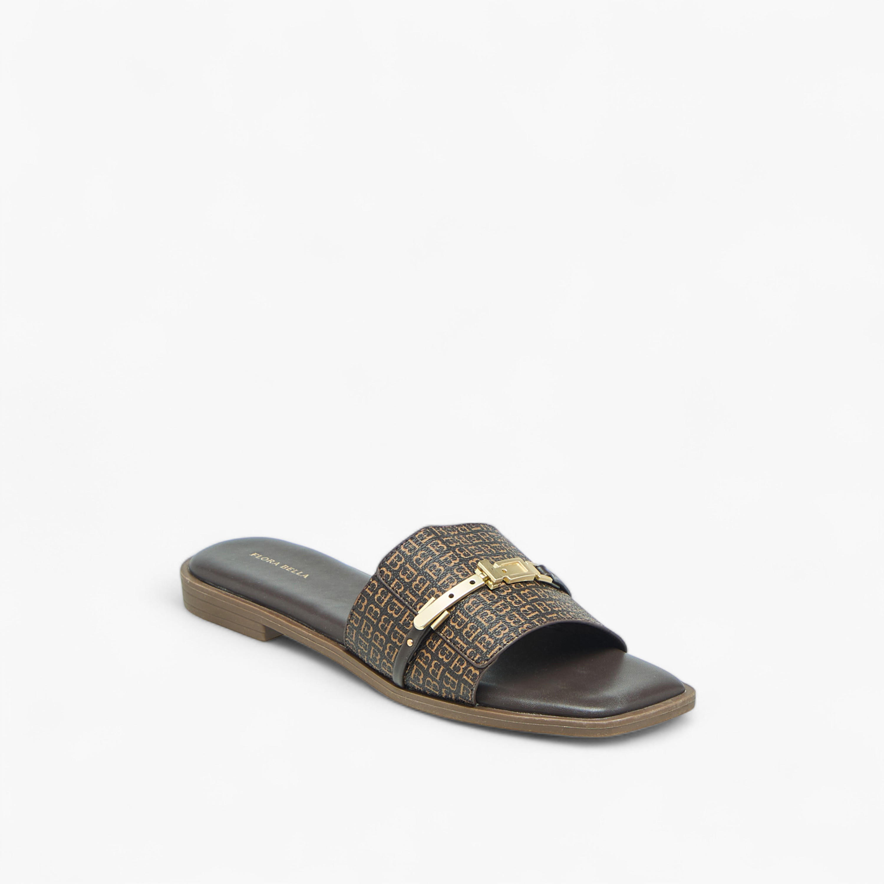 Flora Bella Monogram Print Slip-On Flat Sandals with Metal Accent-women-shoes-flats-sandals-image-2