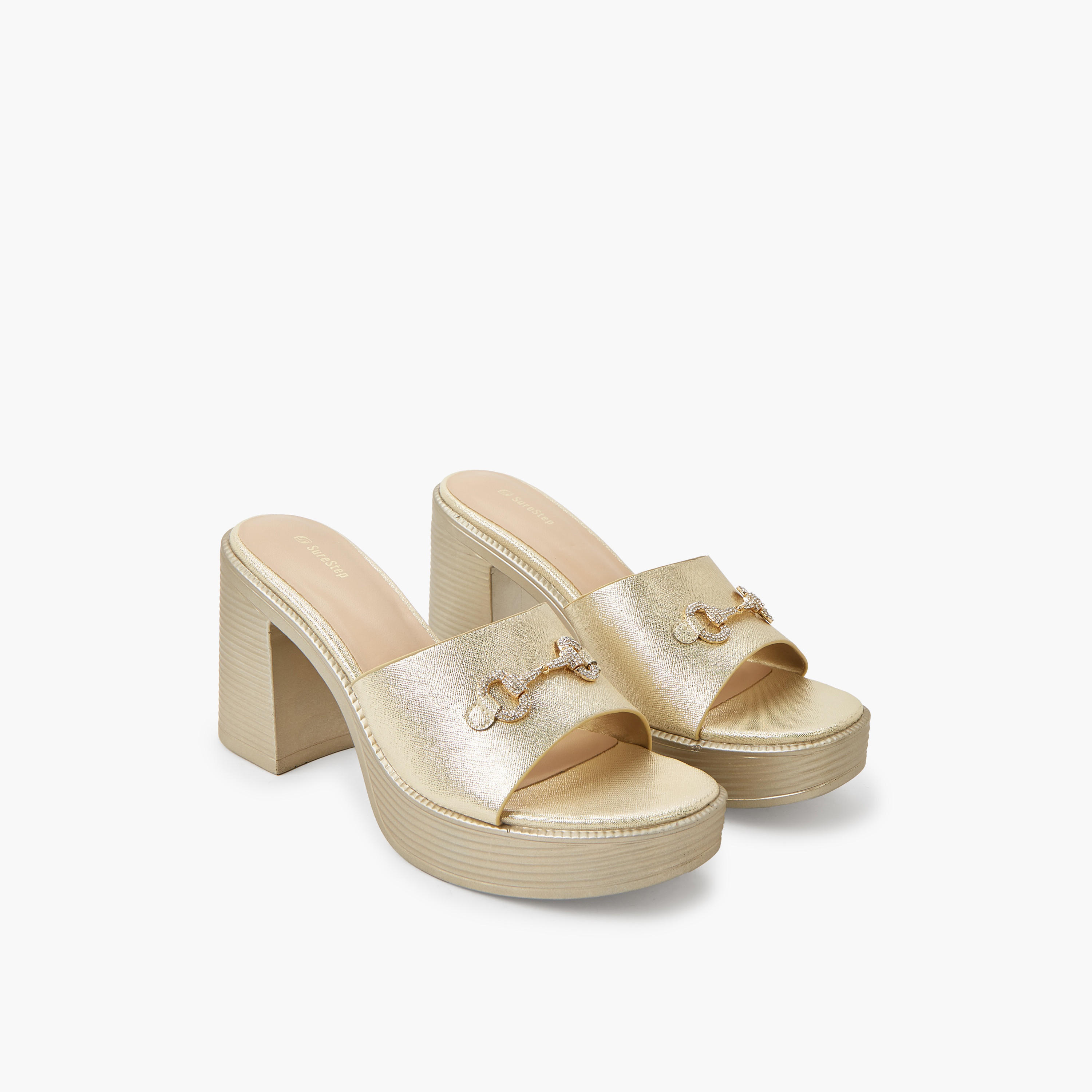 Surestep Women Lightweight Metallic Block Heel Sandals with Embellished Buckle-women-shoes-sandals-heeled-image-1