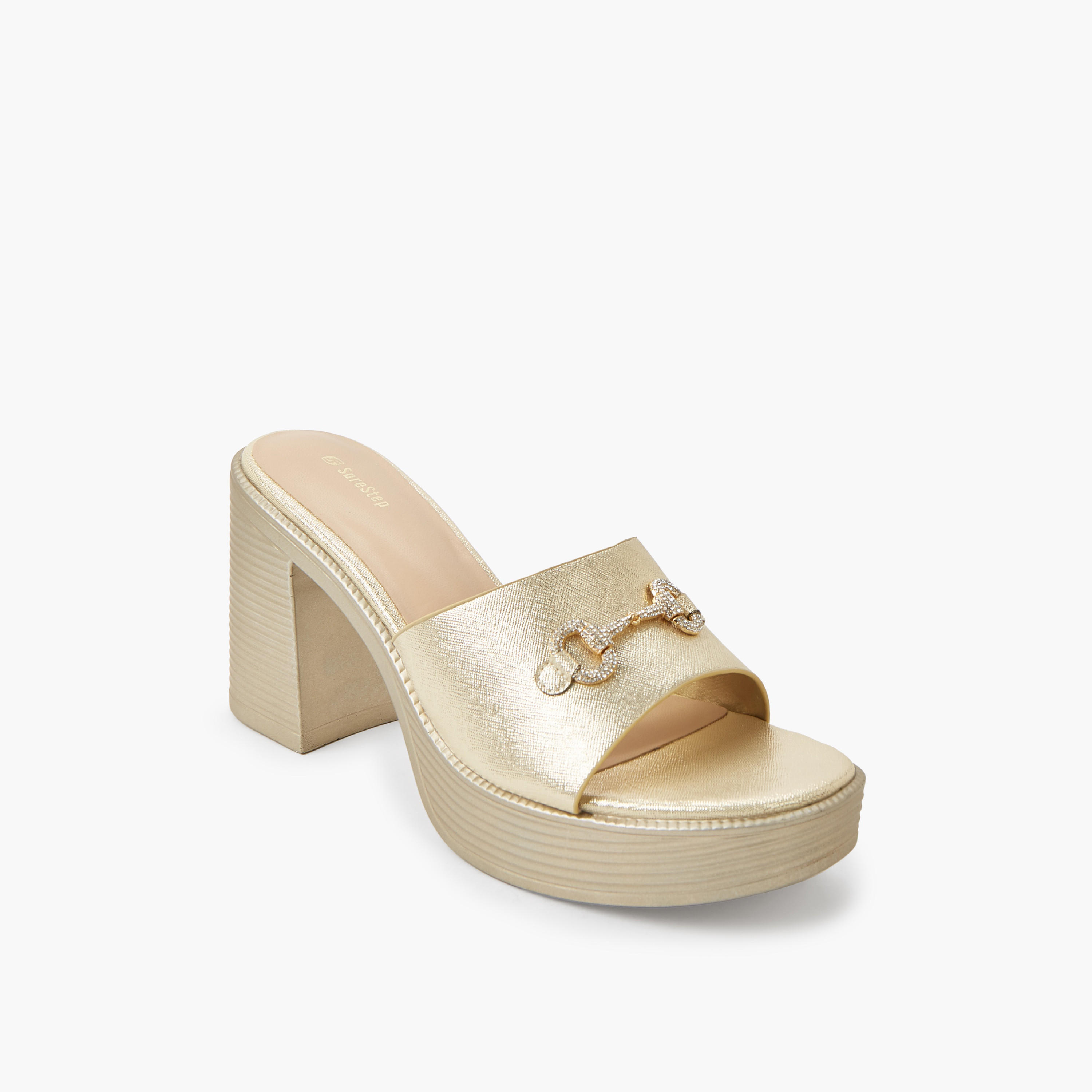 Surestep Women Lightweight Metallic Block Heel Sandals with Embellished Buckle-women-shoes-sandals-heeled-image-2
