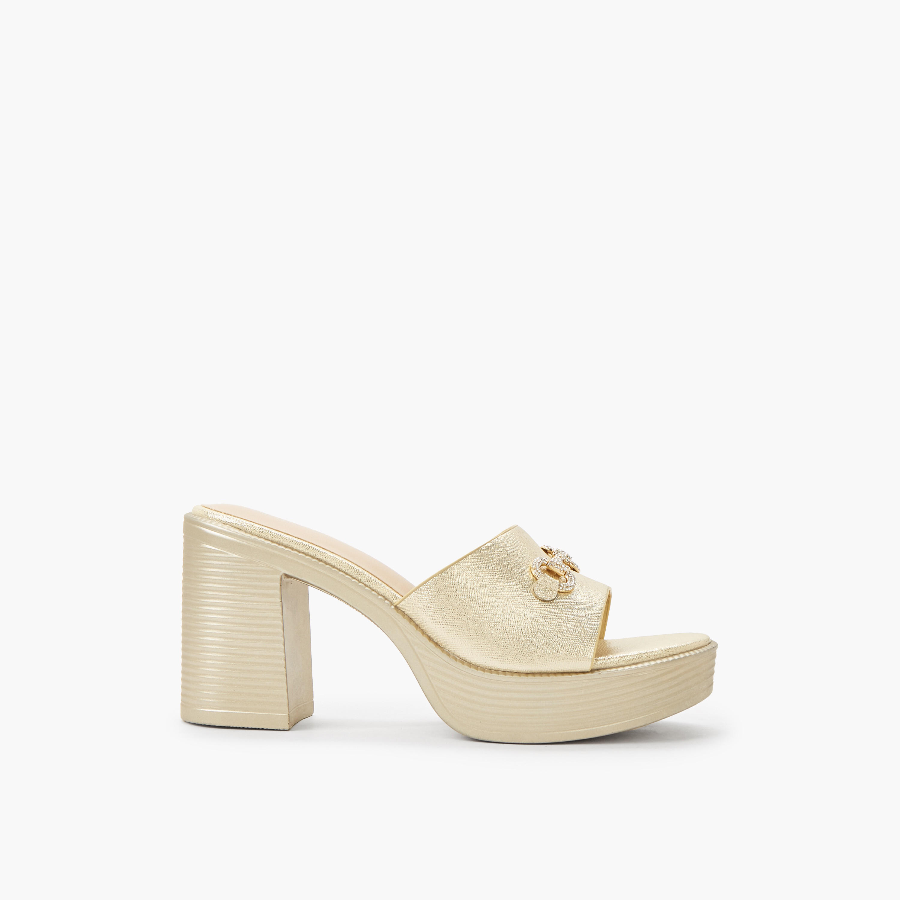 Surestep Women Lightweight Metallic Block Heel Sandals with Embellished Buckle-women-shoes-sandals-heeled-image-3