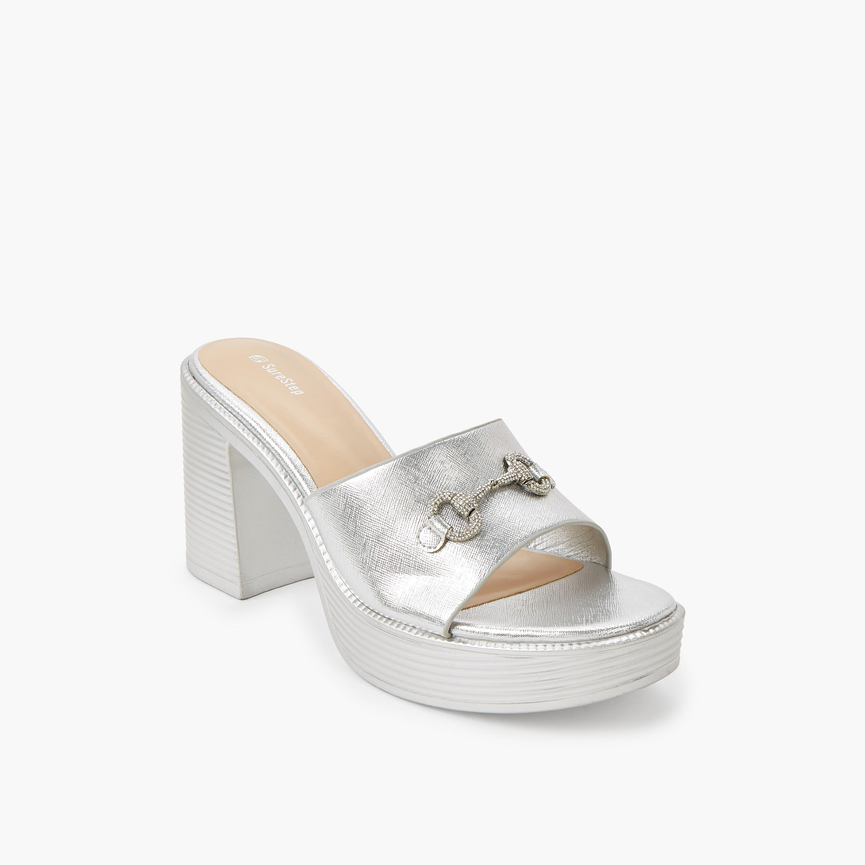 Surestep Women Lightweight Metallic Block Heel Sandals with Embellished Buckle-women-shoes-sandals-heeled-image-2