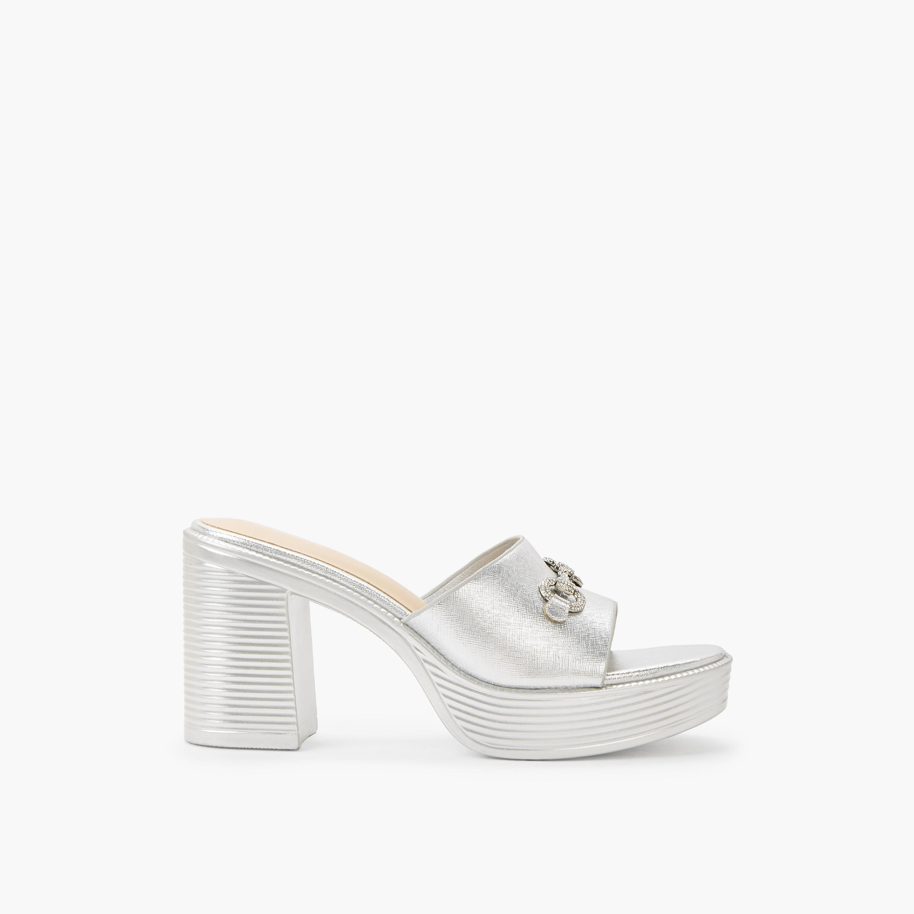 Surestep Women Lightweight Metallic Block Heel Sandals with Embellished Buckle-women-shoes-sandals-heeled-image-3