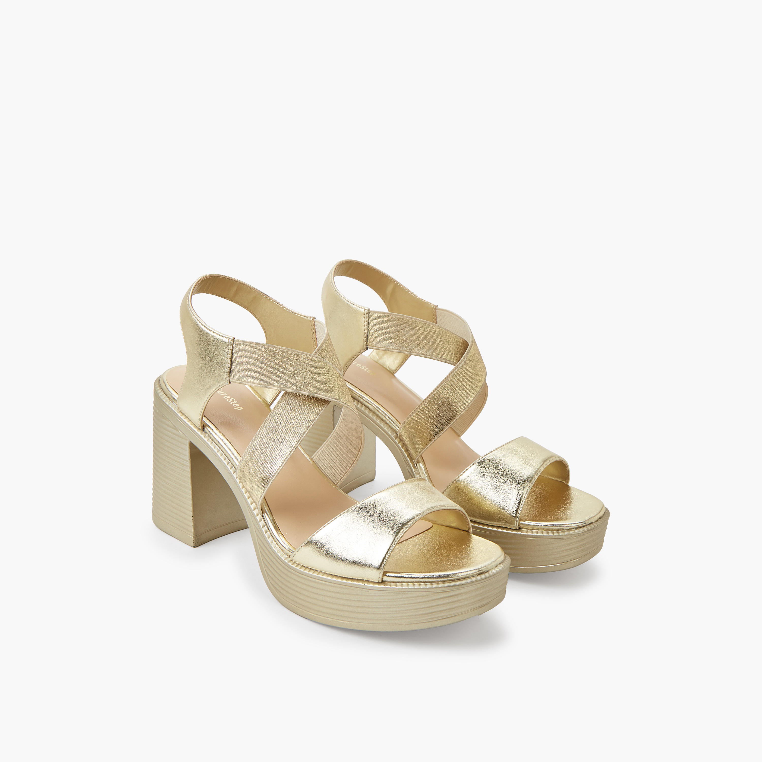 Surestep Women Lightweight Metallic Block Heel Sandals with Elastic Cross Straps-women-shoes-sandals-heeled-image-1