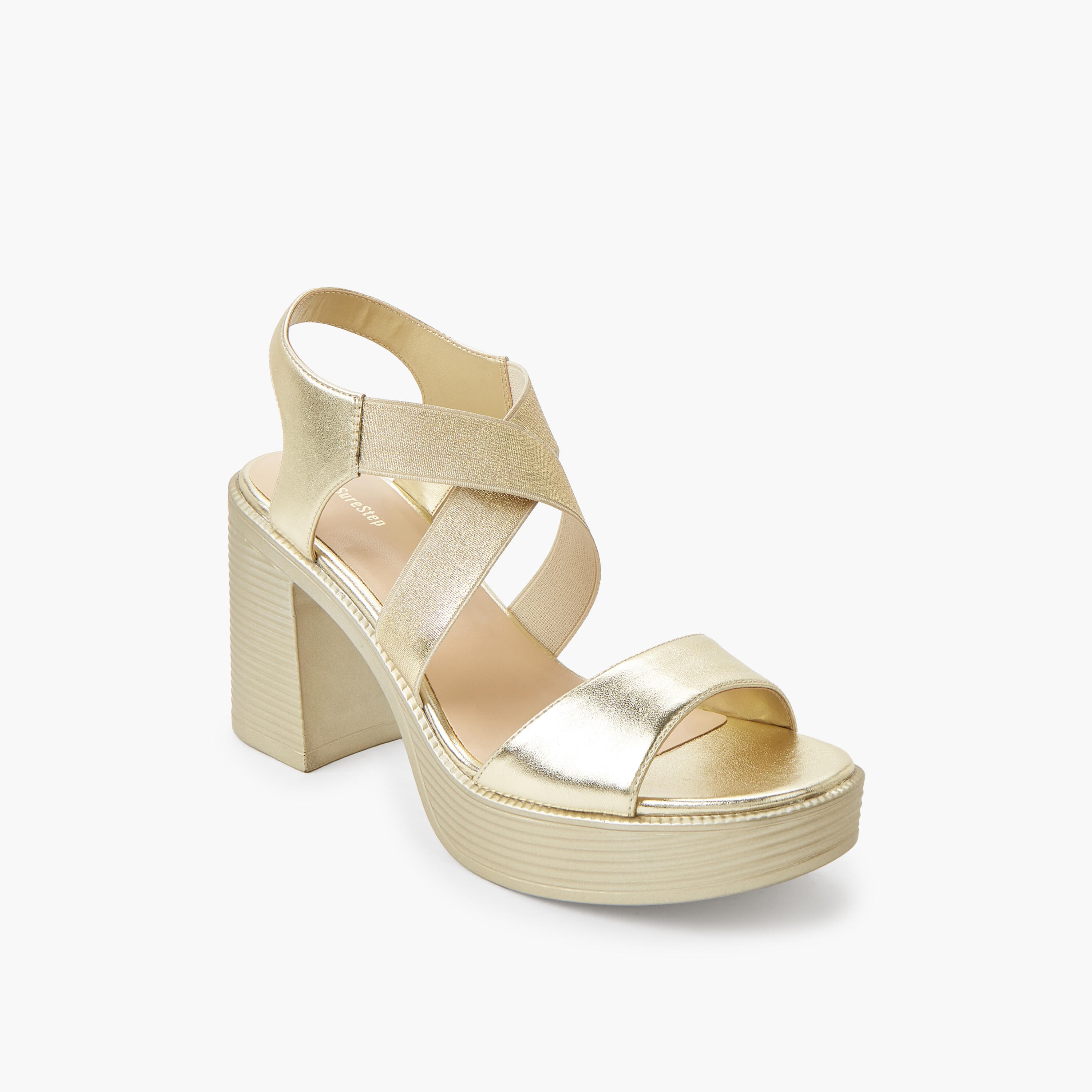 Surestep Women Lightweight Metallic Block Heel Sandals with Elastic Cross Straps-women-shoes-sandals-heeled-image-2