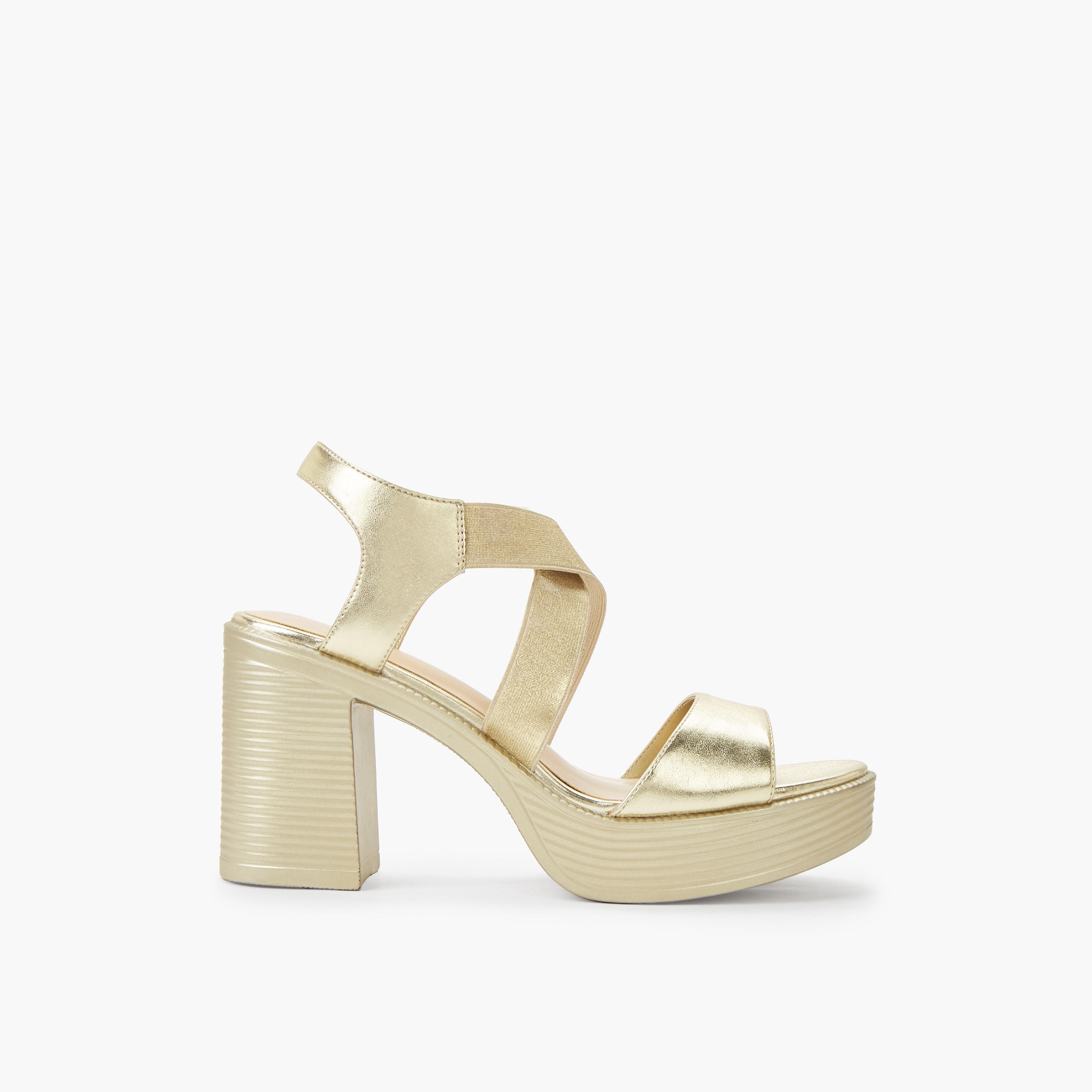 Surestep Women Lightweight Metallic Block Heel Sandals with Elastic Cross Straps-women-shoes-sandals-heeled-image-3