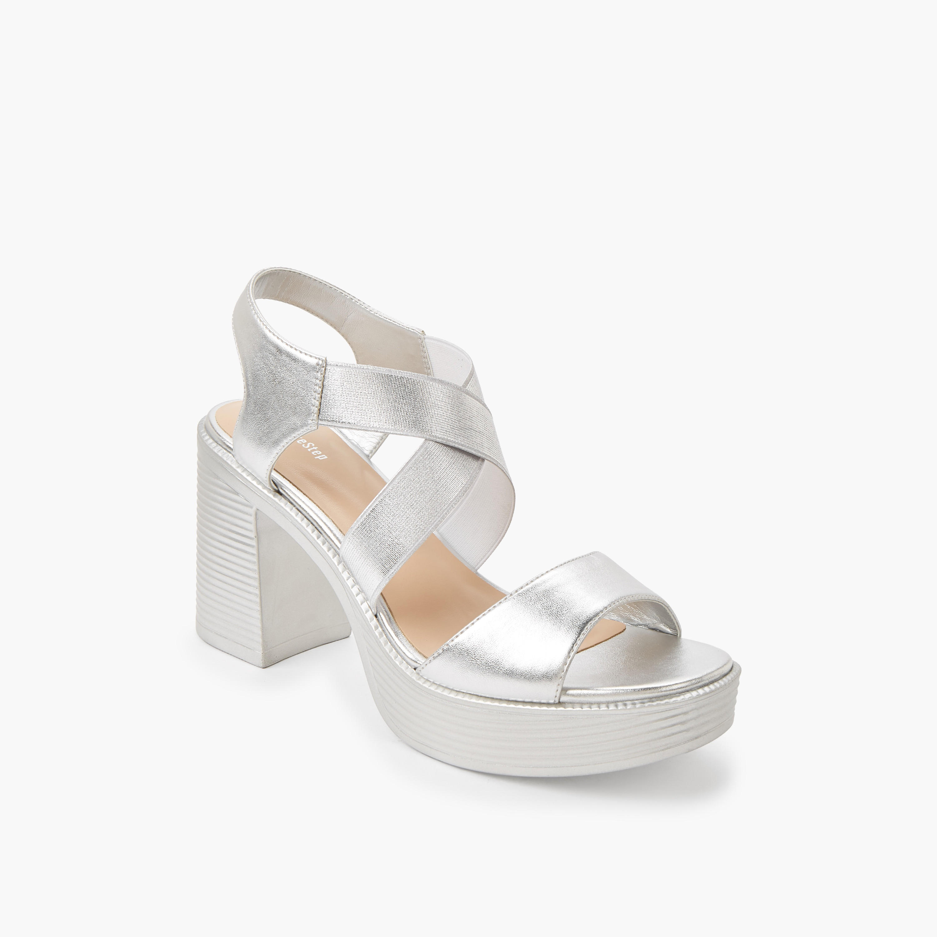 Surestep Women Lightweight Metallic Block Heel Sandals with Elastic Cross Straps-women-shoes-sandals-heeled-image-2