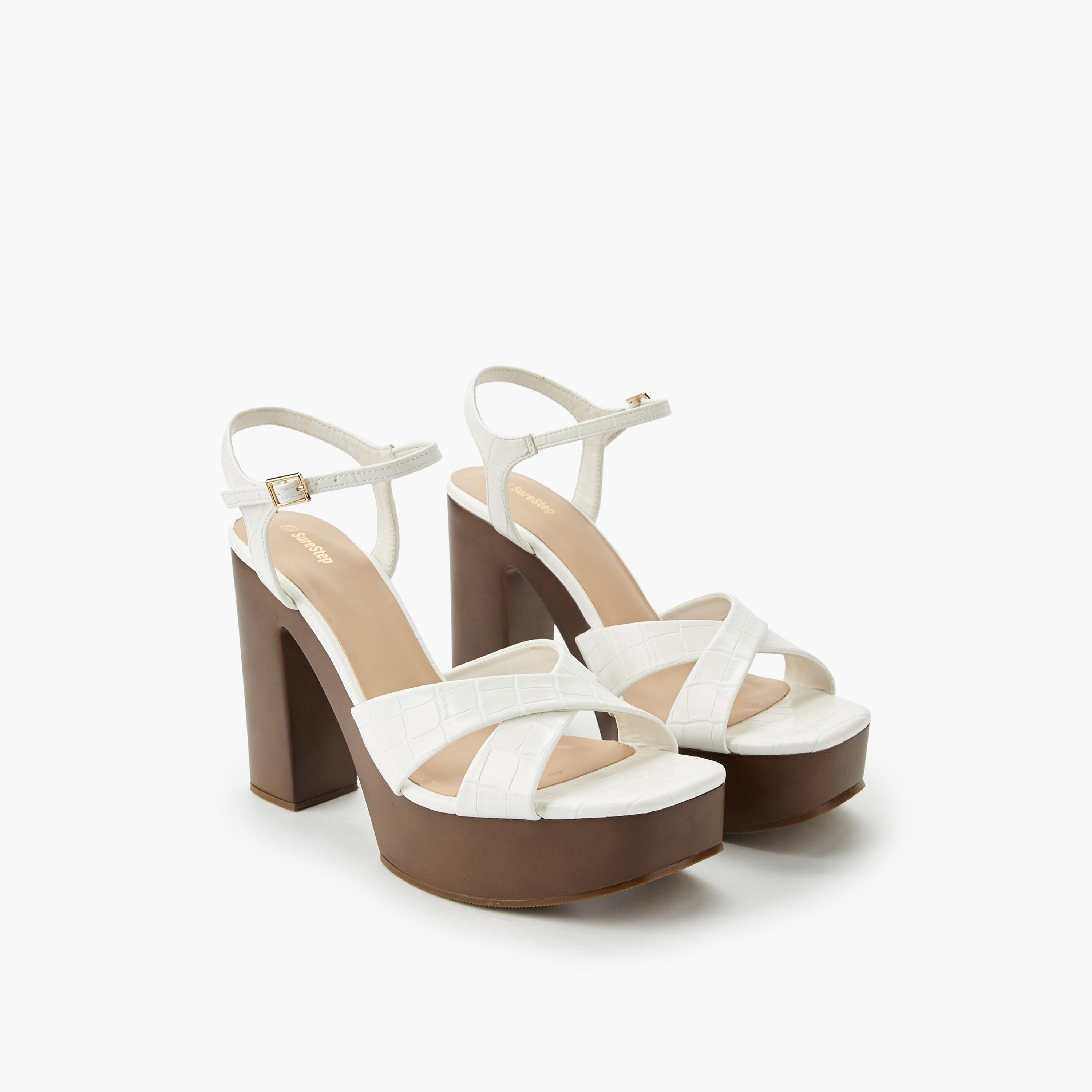 Surestep Women Textured Lightweight Platform Heel Sandals with Ankle Strap-women-shoes-sandals-heeled-image-1