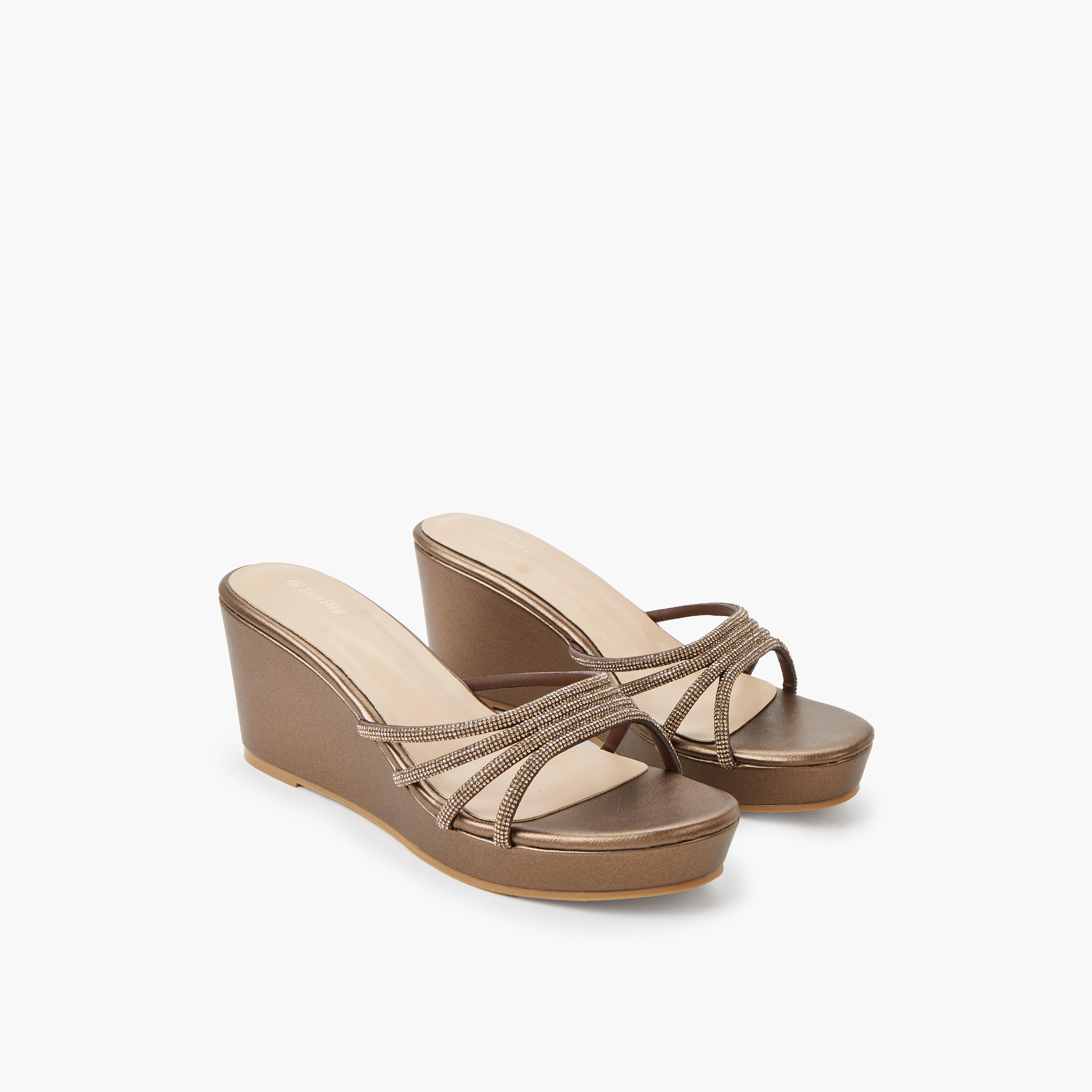 Surestep Women Metallic Wedge Heel Sandals with Embellished Straps-women-shoes-sandals-heeled-image-1