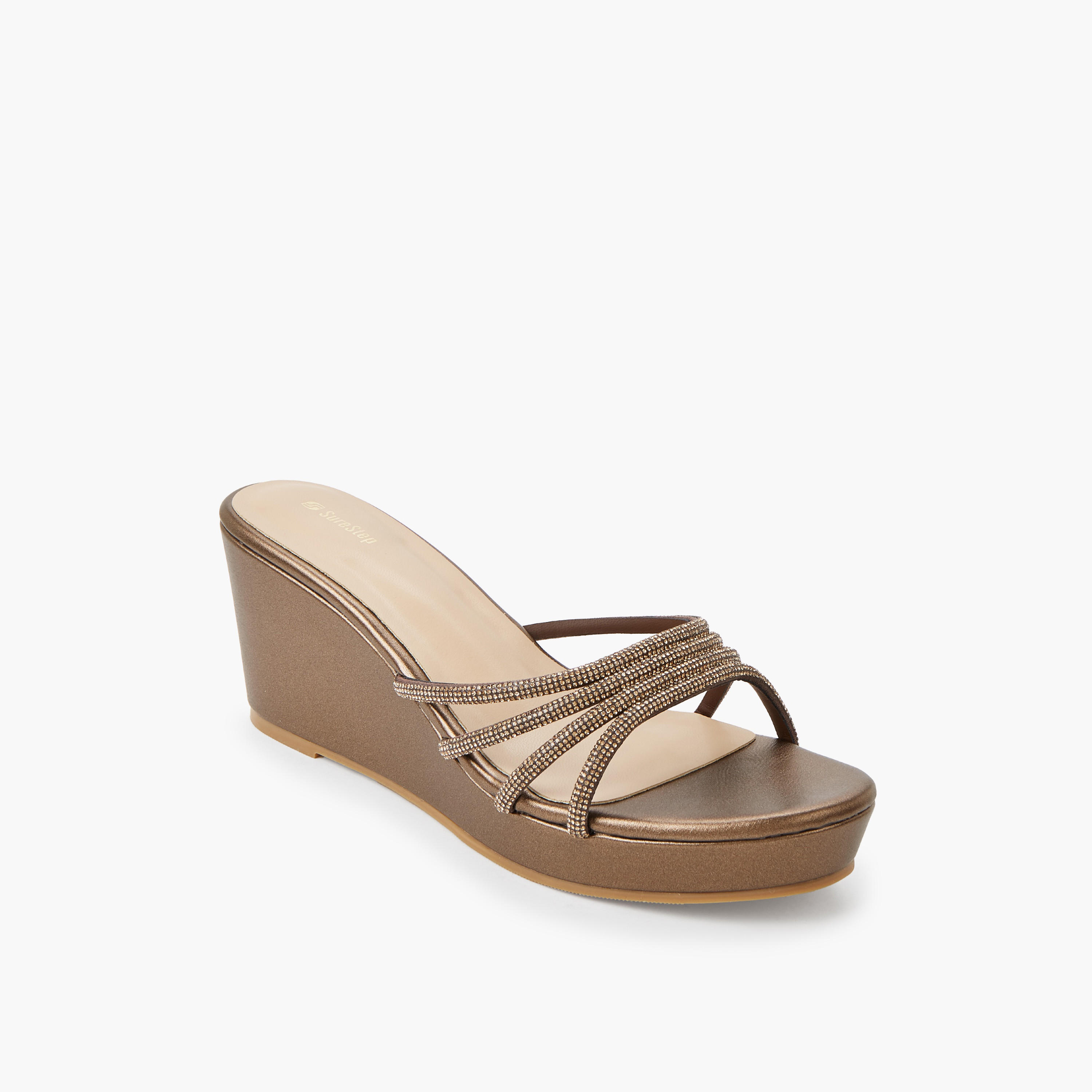 Surestep Women Metallic Wedge Heel Sandals with Embellished Straps-women-shoes-sandals-heeled-image-2