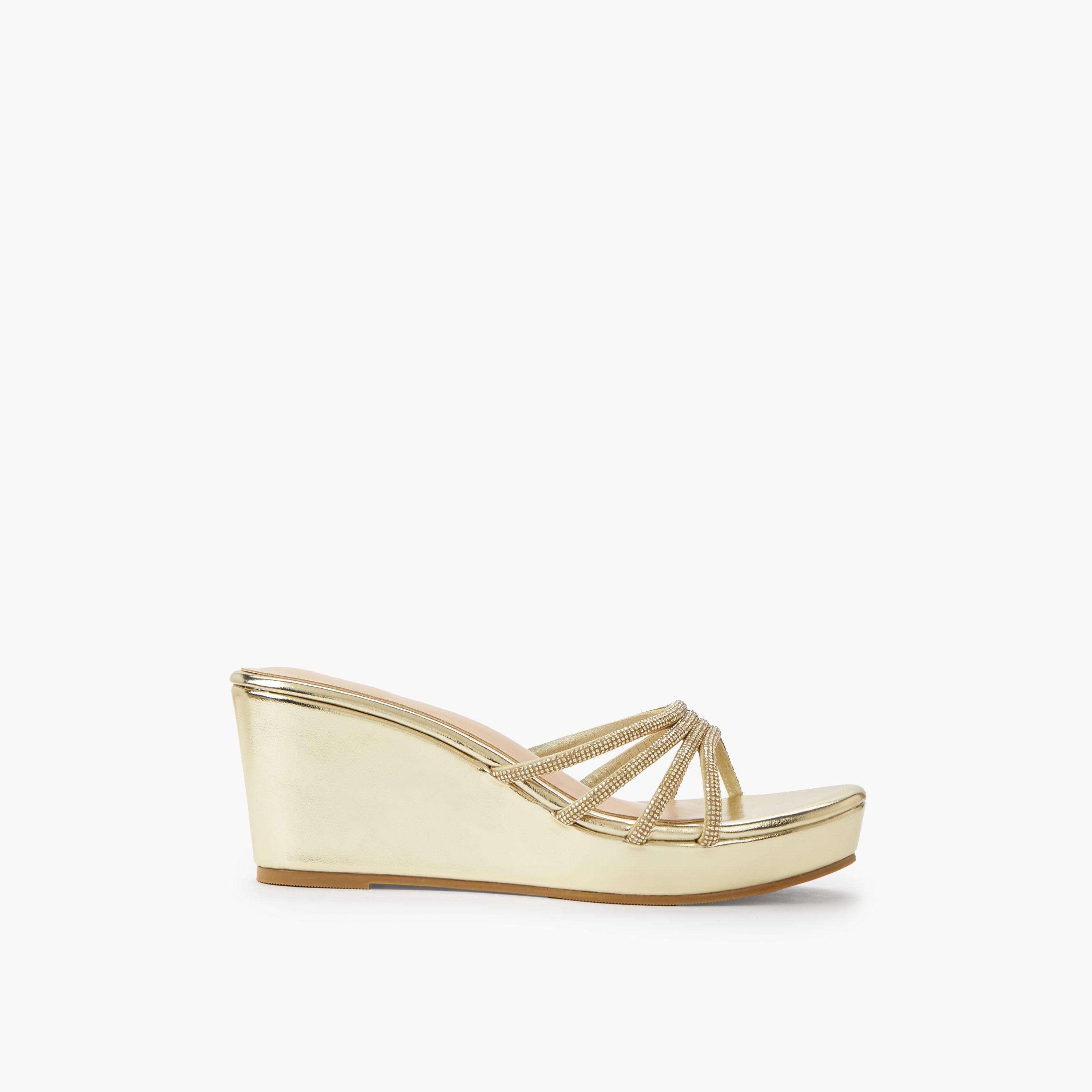 Surestep Women Metallic Wedge Heel Sandals with Embellished Straps-women-shoes-sandals-heeled-image-3