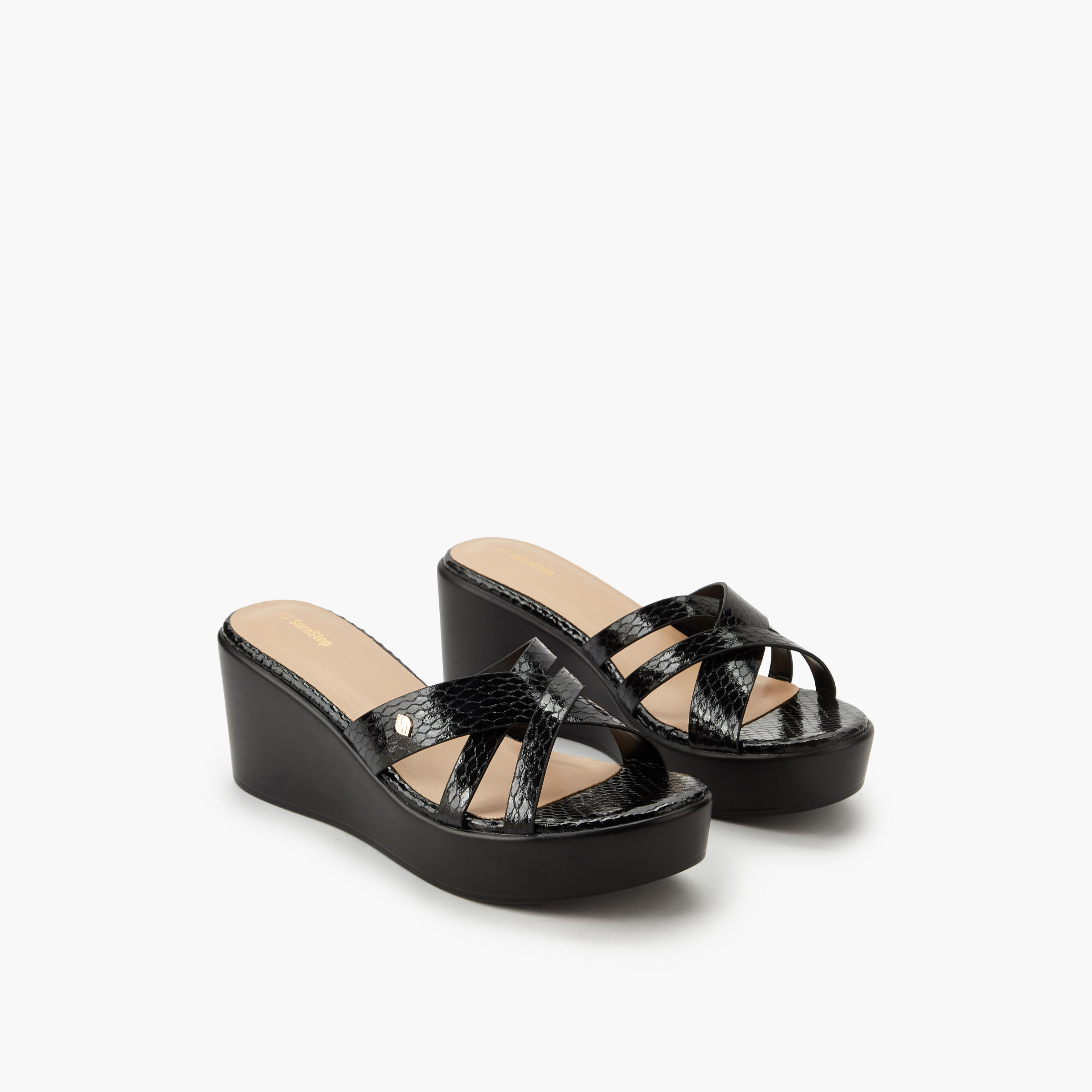 Surestep Women Textured Lightweight Wedge Heel Cross Strap Sandals-women-shoes-sandals-heeled-image-1