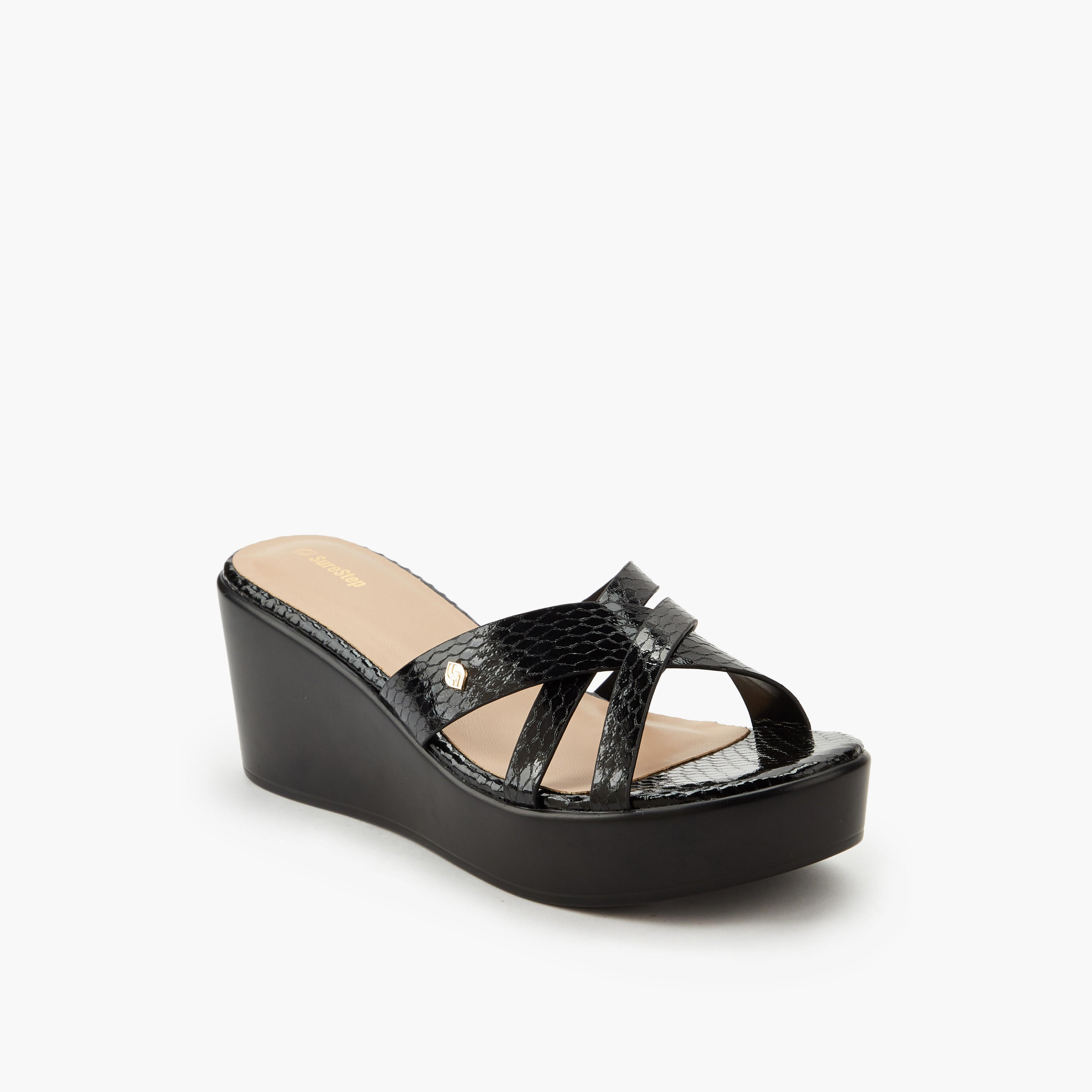 Surestep Women Textured Lightweight Wedge Heel Cross Strap Sandals-women-shoes-sandals-heeled-image-2