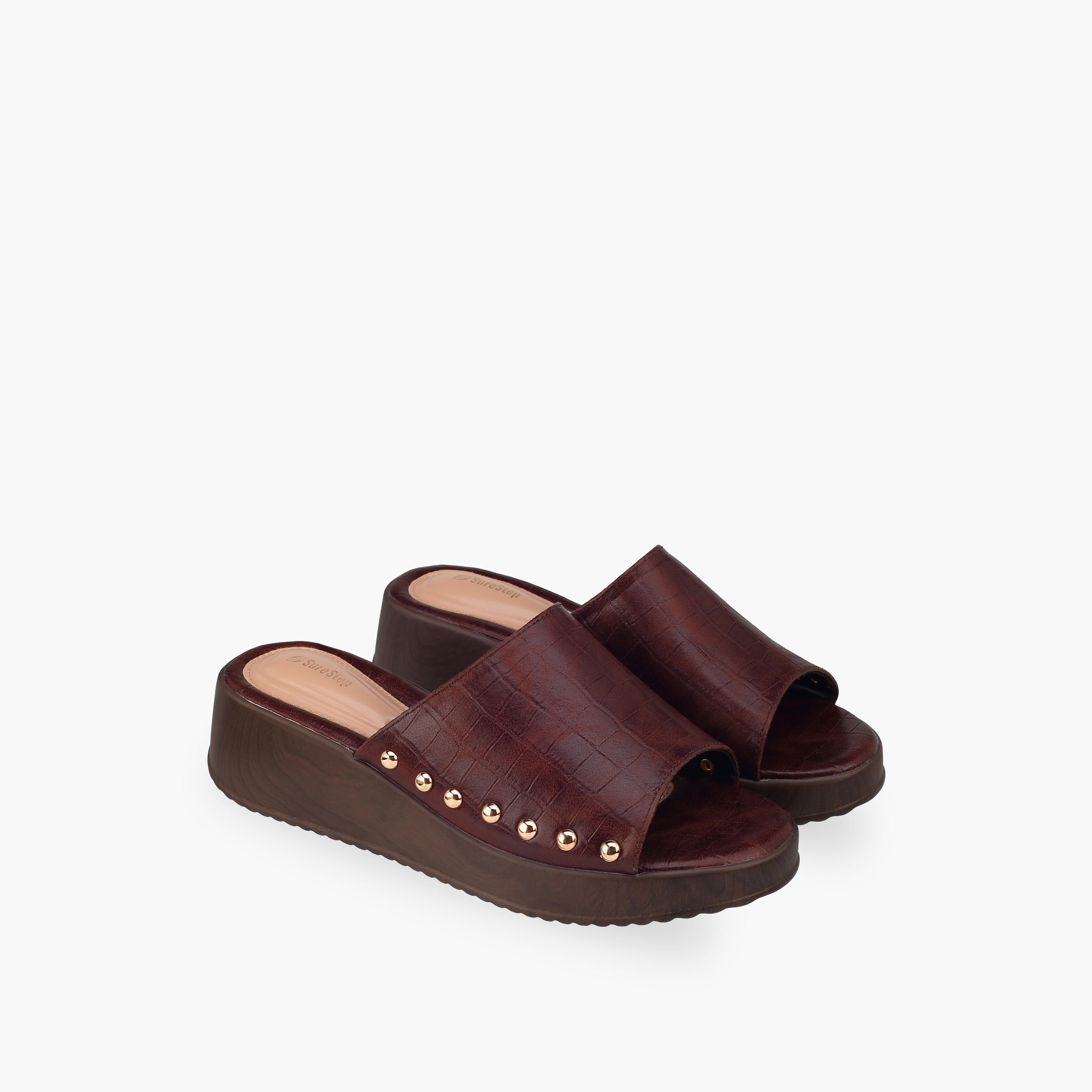 Surestep Women Lightweight Textured Flatform Heel Sandals with Stud Detailing-women-shoes-sandals-heeled-image-1