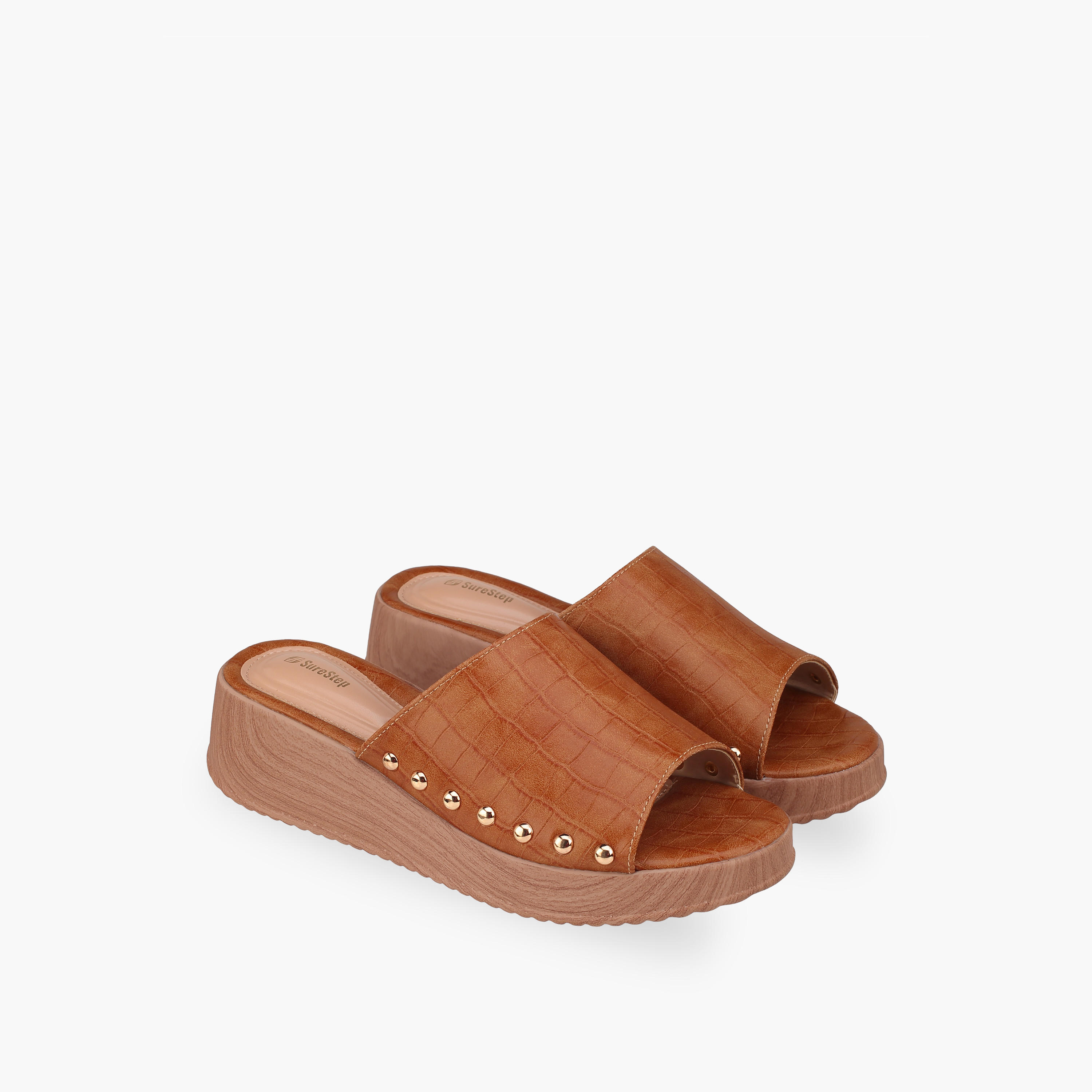 Surestep Women Lightweight Textured Flatform Heel Sandals with Stud Detailing-women-shoes-sandals-heeled-image-1