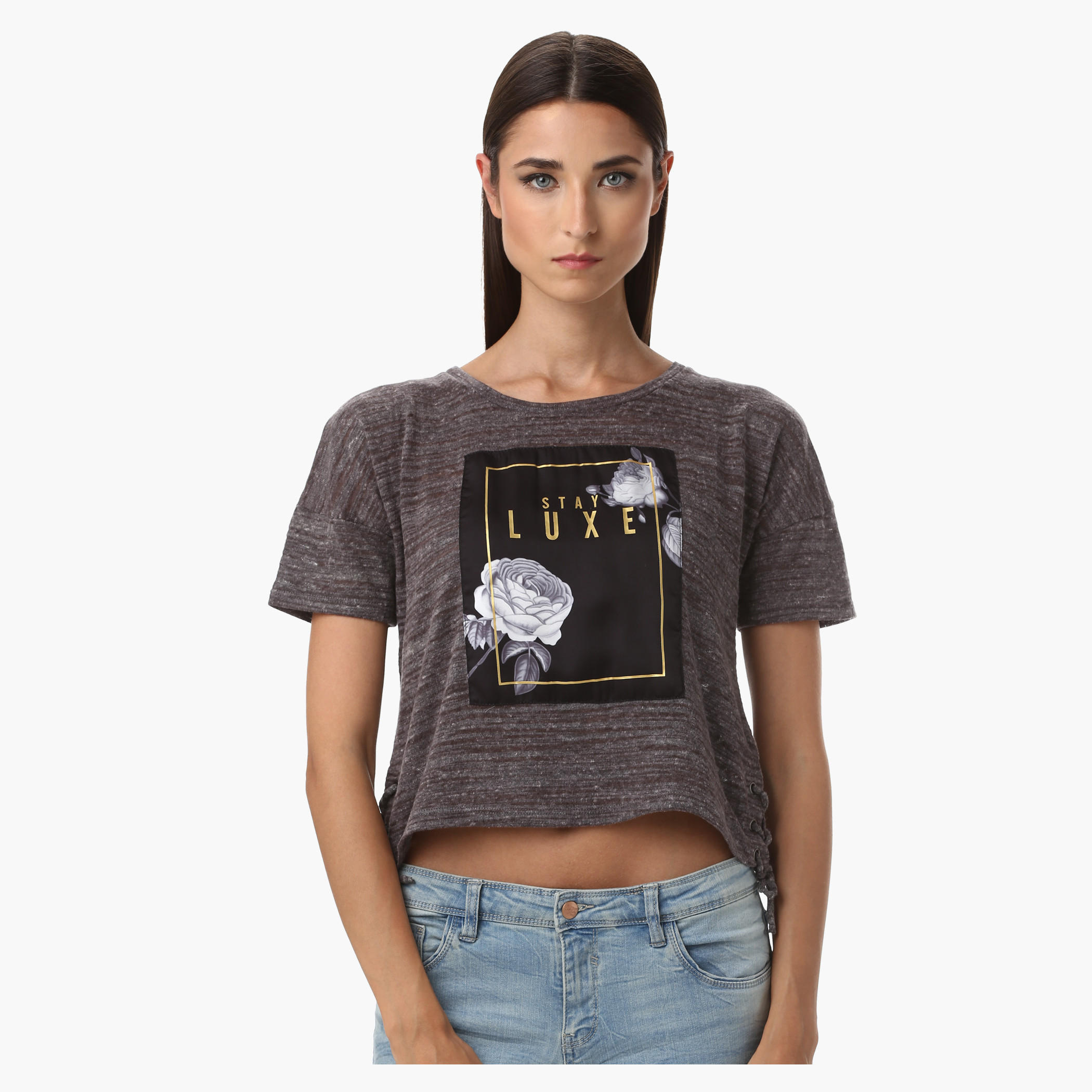 Lee Cooper Crop Boxy T-Shirt with Print and Side Tie-Ups-women-clothing-tshirts-image-1