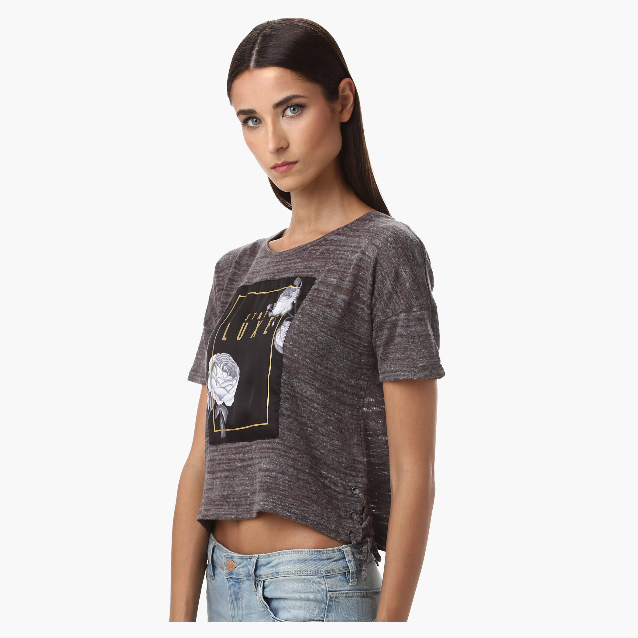 Lee Cooper Crop Boxy T-Shirt with Print and Side Tie-Ups-women-clothing-tshirts-image-3