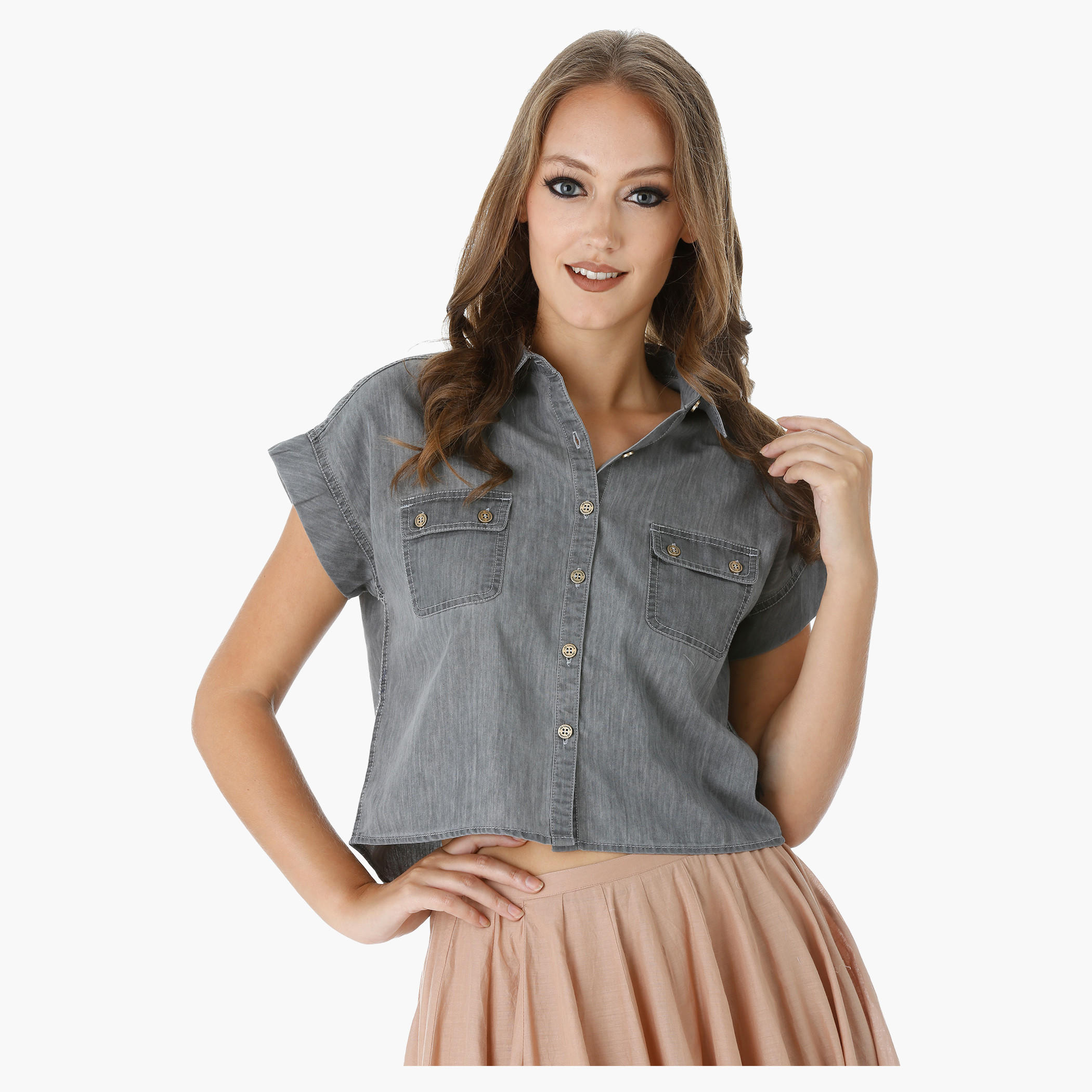 Lee Cooper Denim Boxy Shirt with Short Sleeves-women-clothing-shirtsandblouses-blouses-image-5