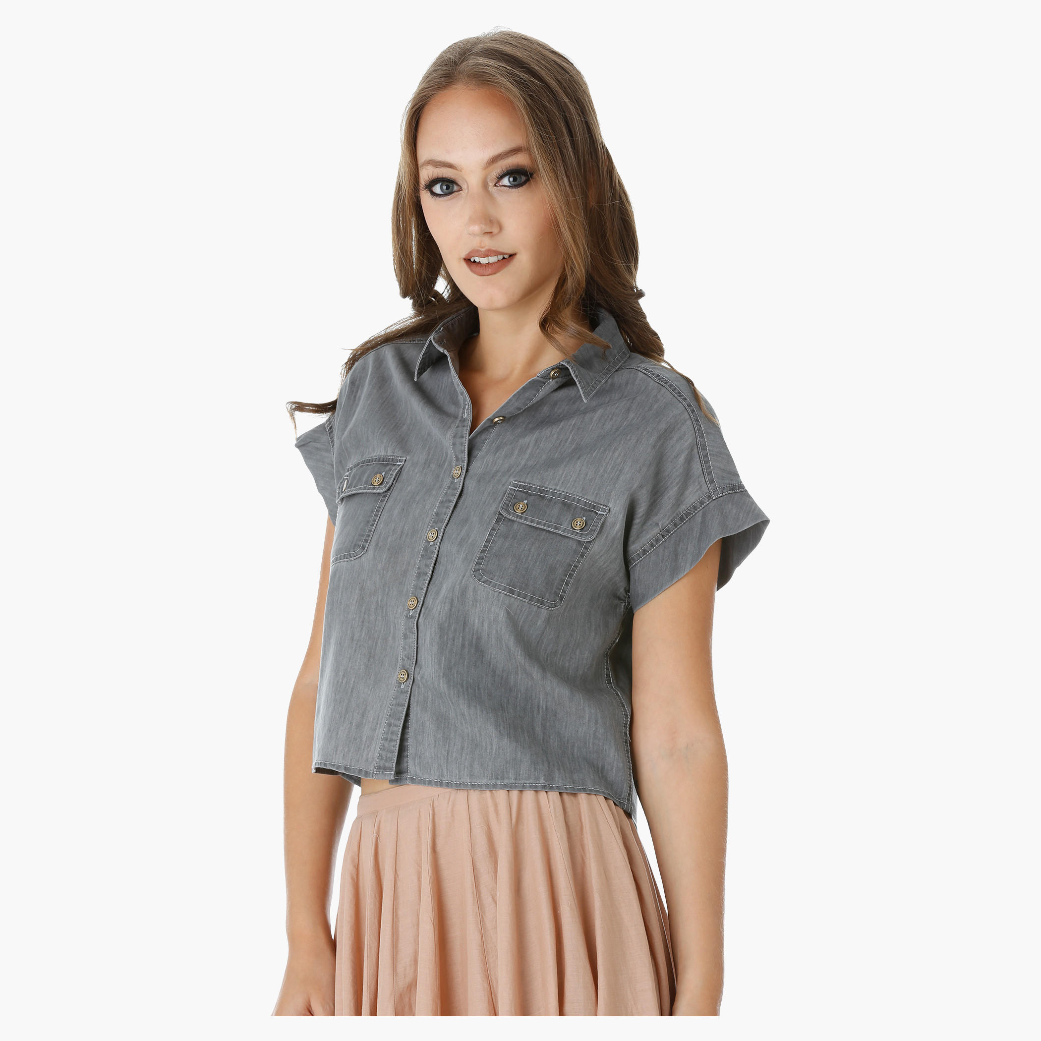 Lee Cooper Denim Boxy Shirt with Short Sleeves-women-clothing-shirtsandblouses-blouses-image-3
