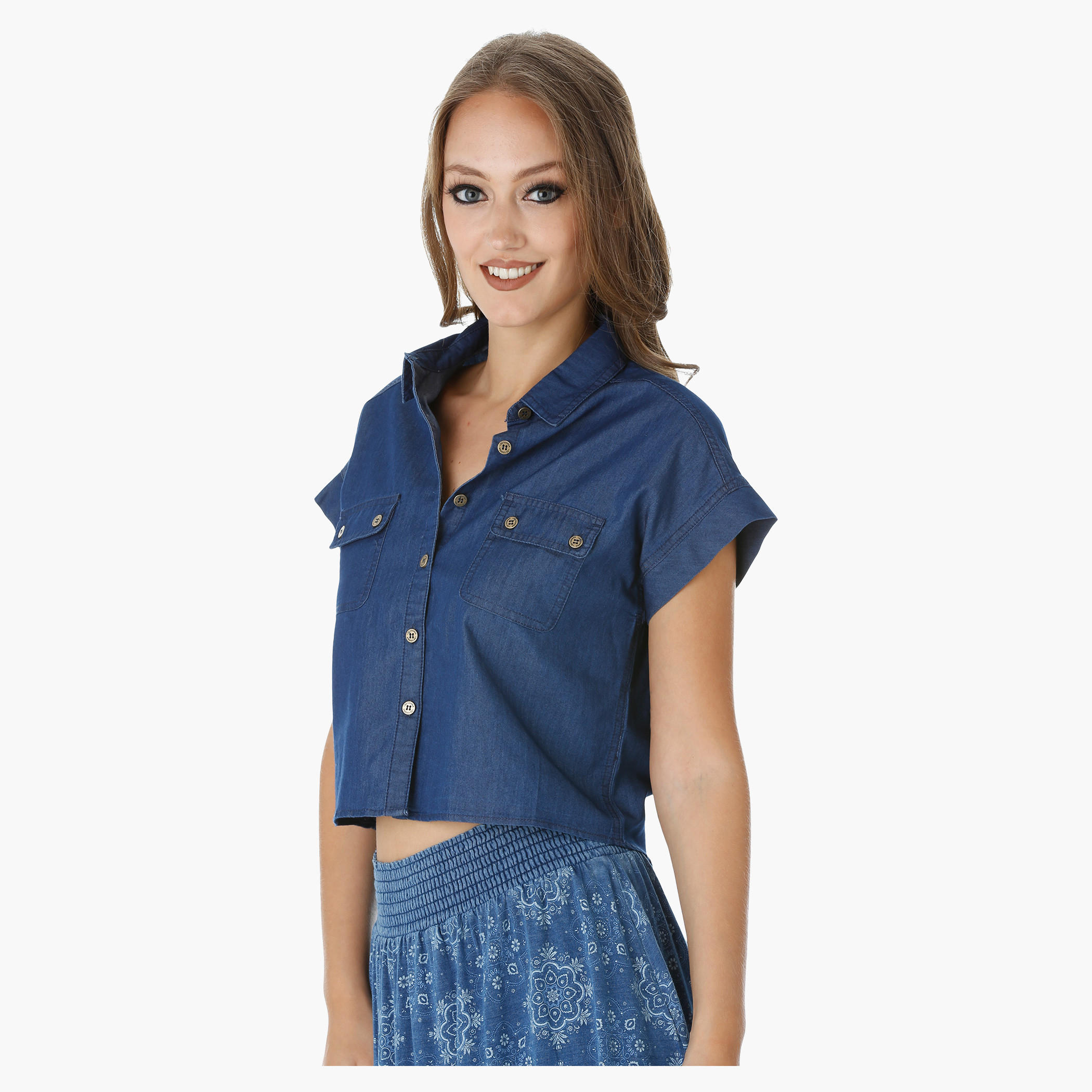 Lee Cooper Denim Boxy Shirt with Short Sleeves-women-clothing-shirtsandblouses-blouses-image-8