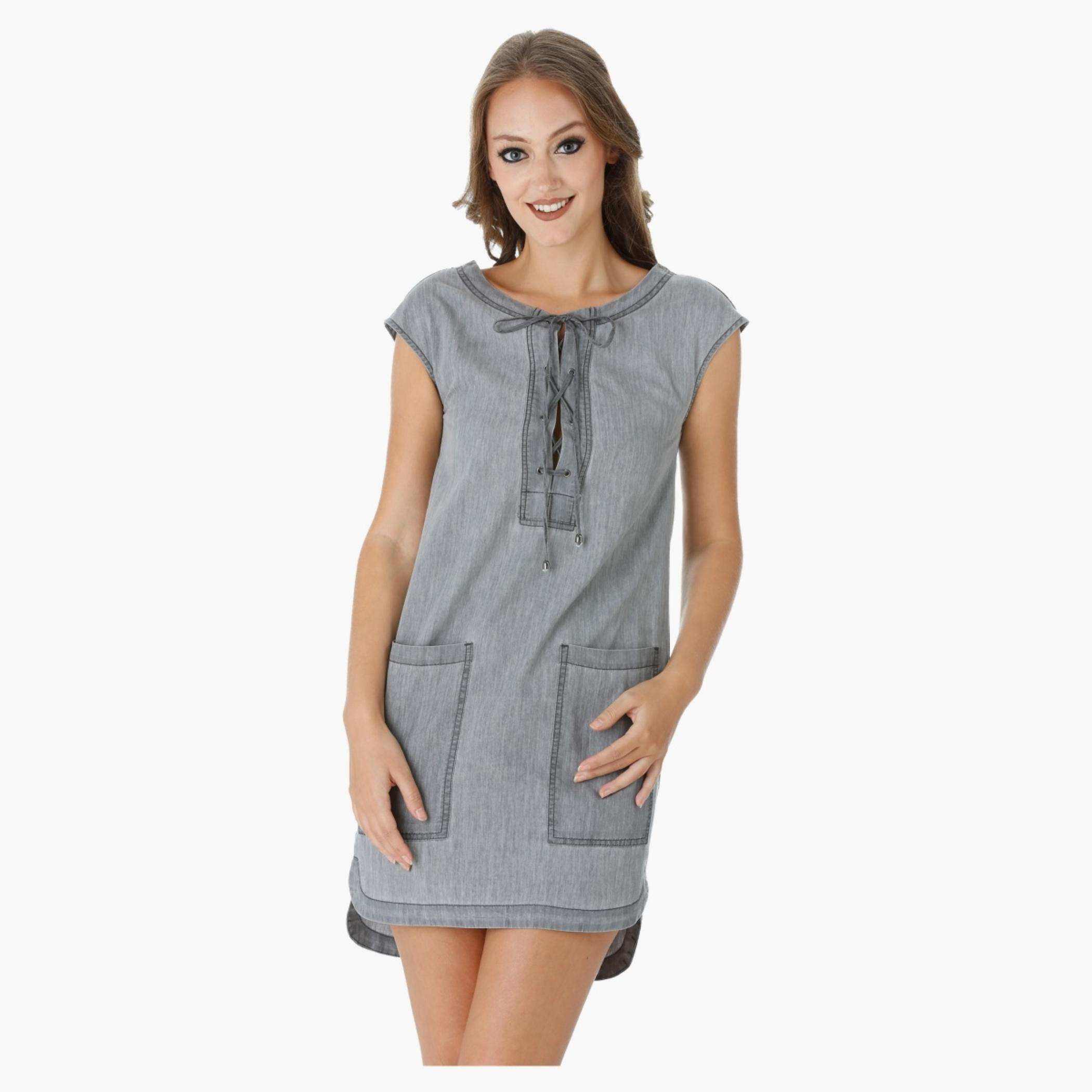 Lee Cooper Denim Shift Dress with Cap Sleeves and Tie-Up Details-women-clothing-dresses-image-1