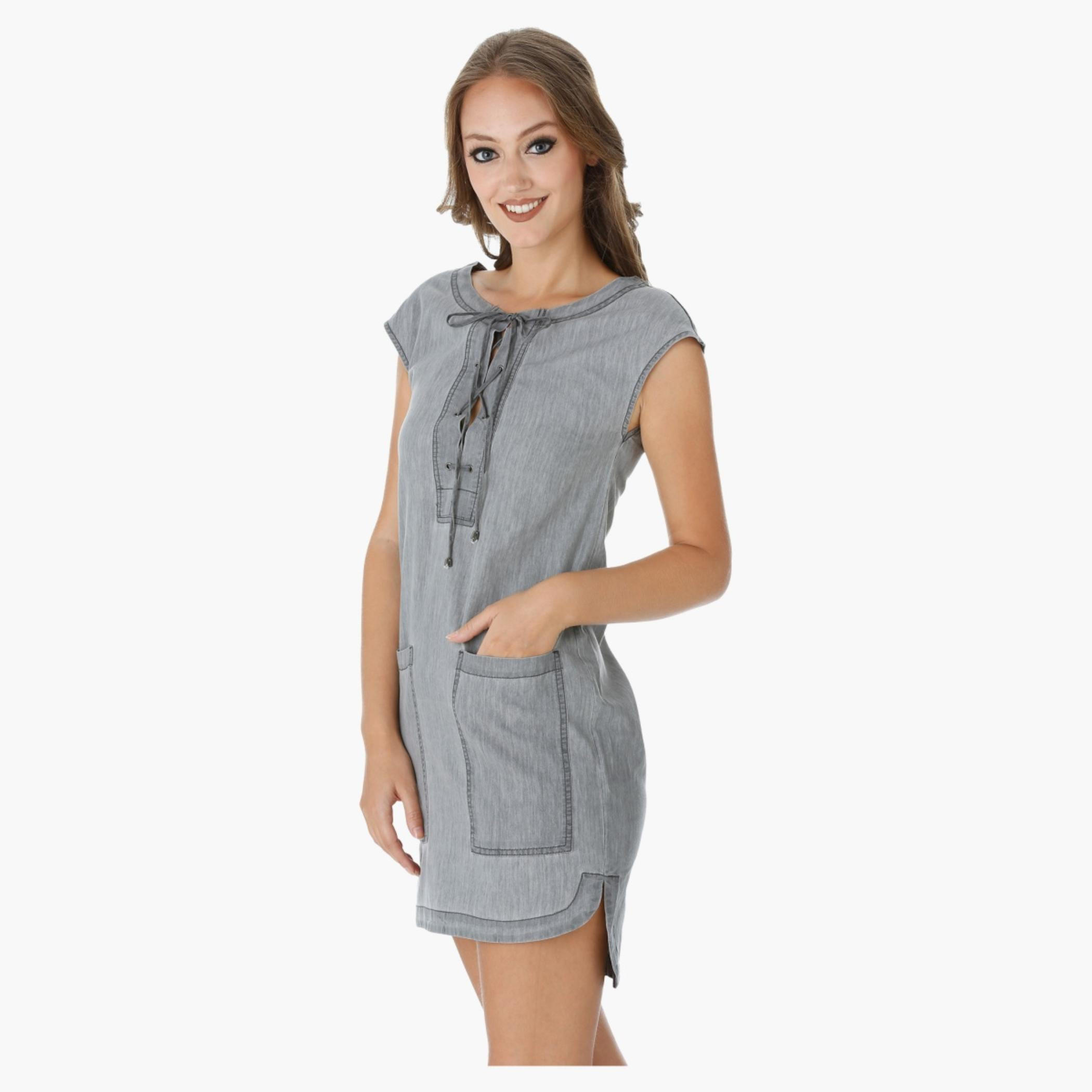 Lee Cooper Denim Shift Dress with Cap Sleeves and Tie-Up Details-women-clothing-dresses-image-3