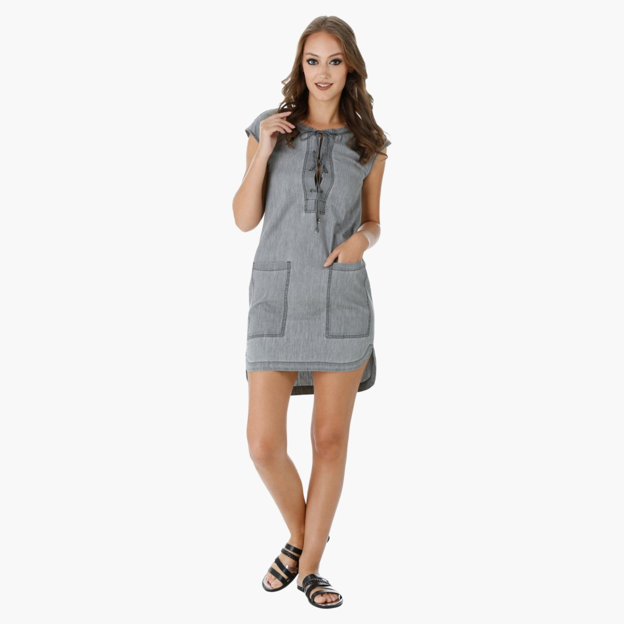 Lee Cooper Denim Shift Dress with Cap Sleeves and Tie-Up Details-women-clothing-dresses-image-5