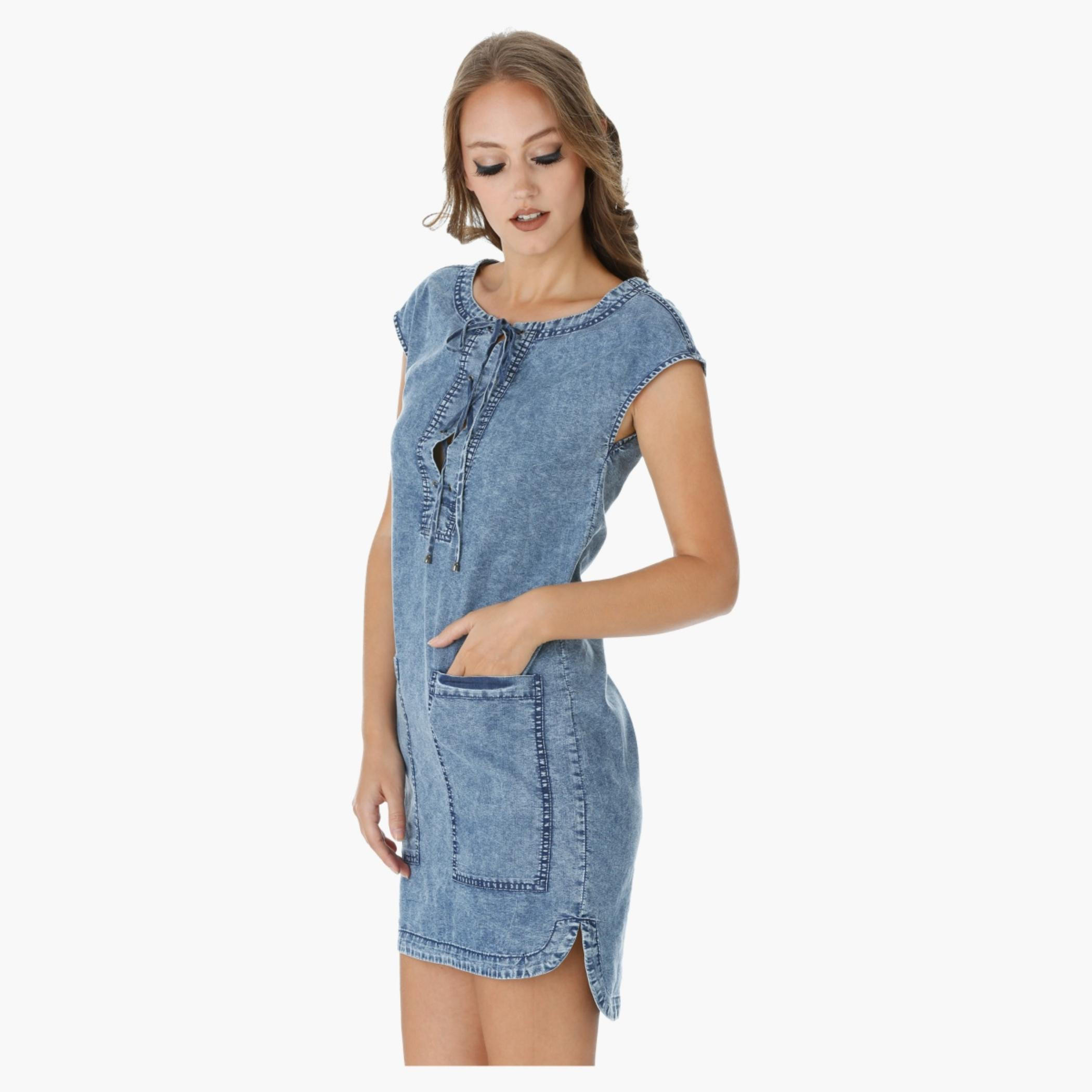 Lee Cooper Denim Shift Dress with Cap Sleeves and Tie-Up Details-women-clothing-dresses-image-8