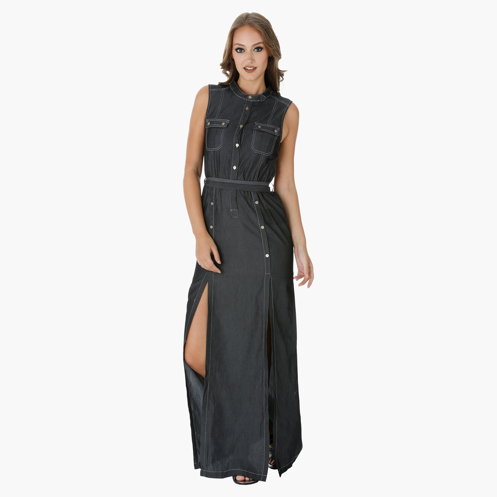 Lee Cooper Sleeveless Maxi Denim Dress with Double Slits-women-clothing-dresses-image-1