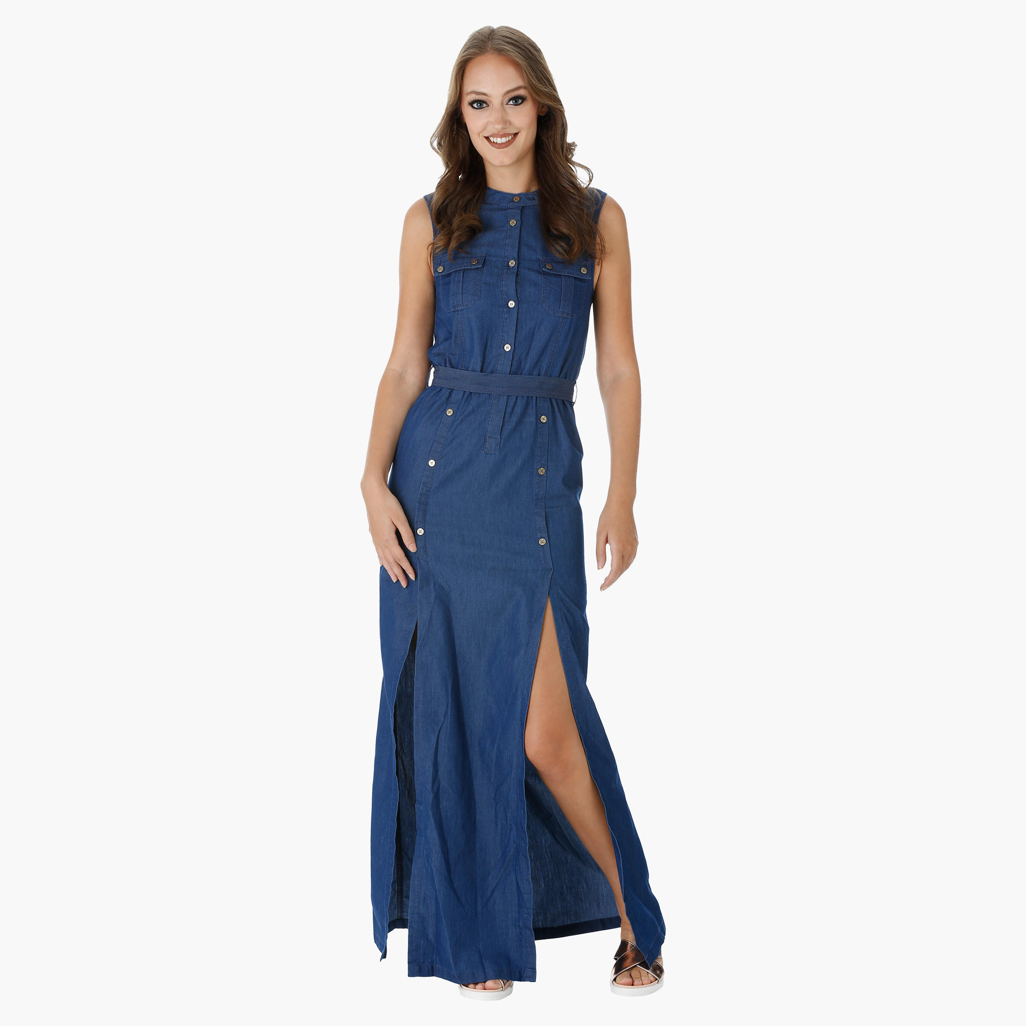 Lee Cooper Sleeveless Maxi Denim Dress with Double Slits-women-clothing-dresses-image-5
