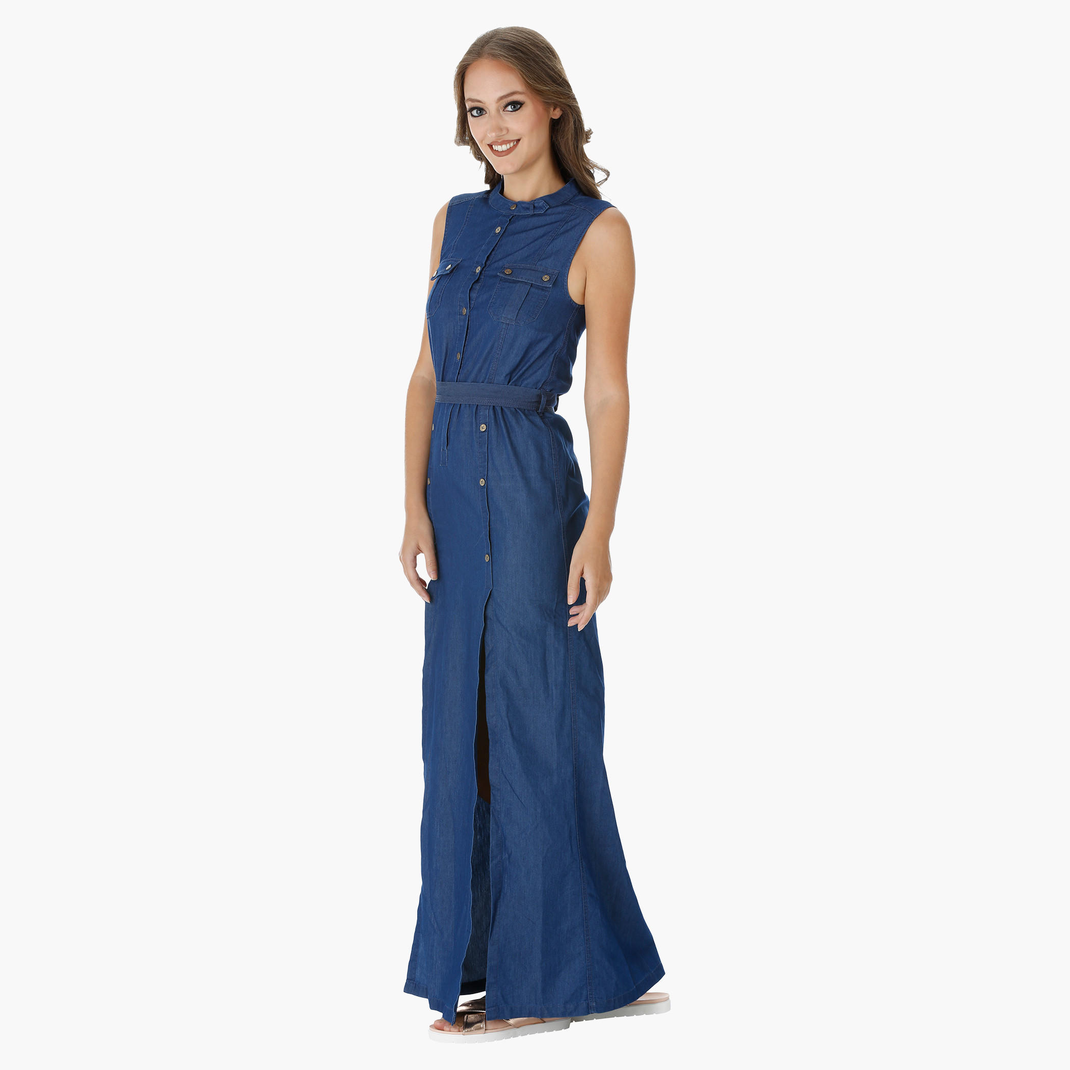 Lee Cooper Sleeveless Maxi Denim Dress with Double Slits-women-clothing-dresses-image-7