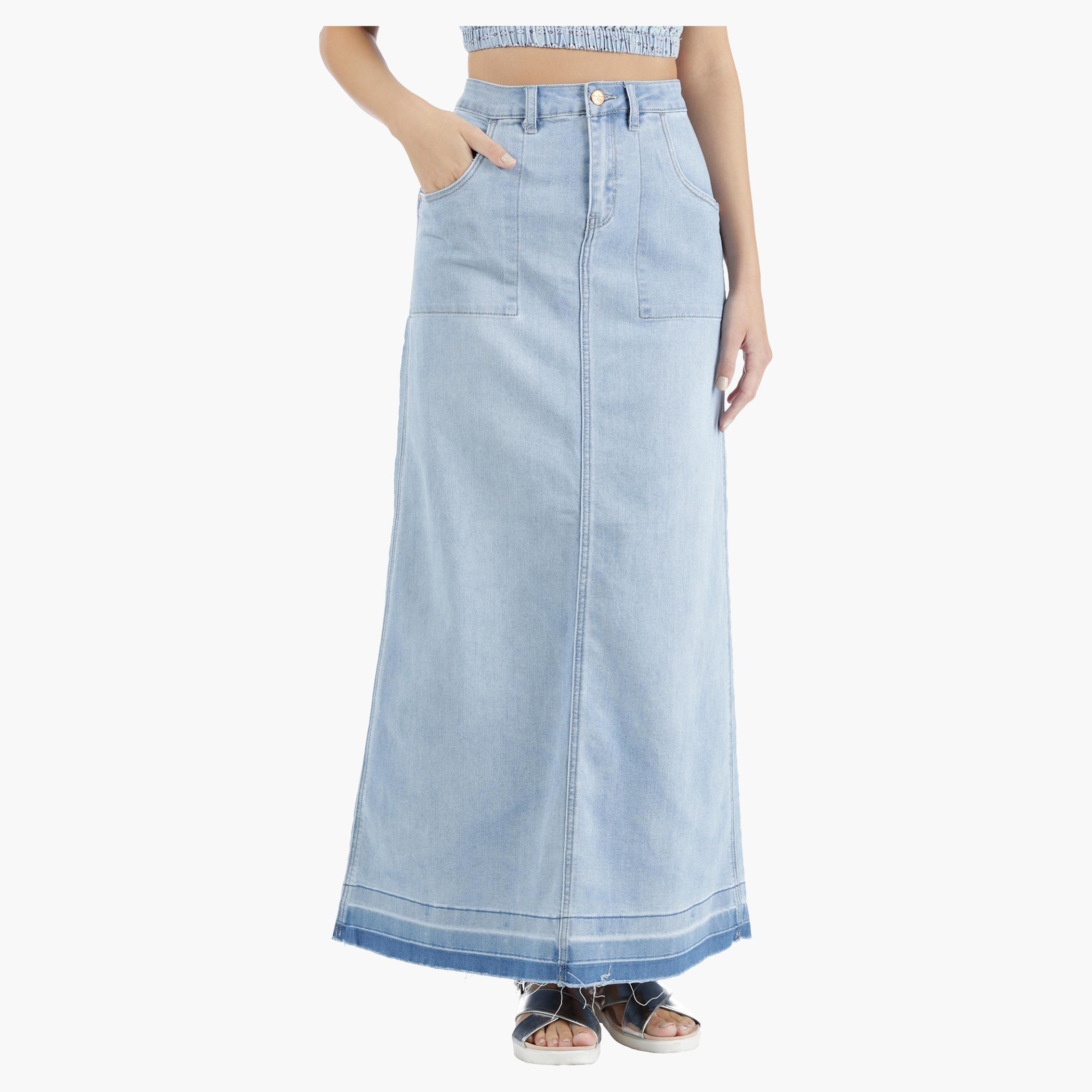 Lee Cooper Denim A-Line Maxi Skirt with Raw Hem in Regular Fit-women-clothing-bottoms-skirts-image-1