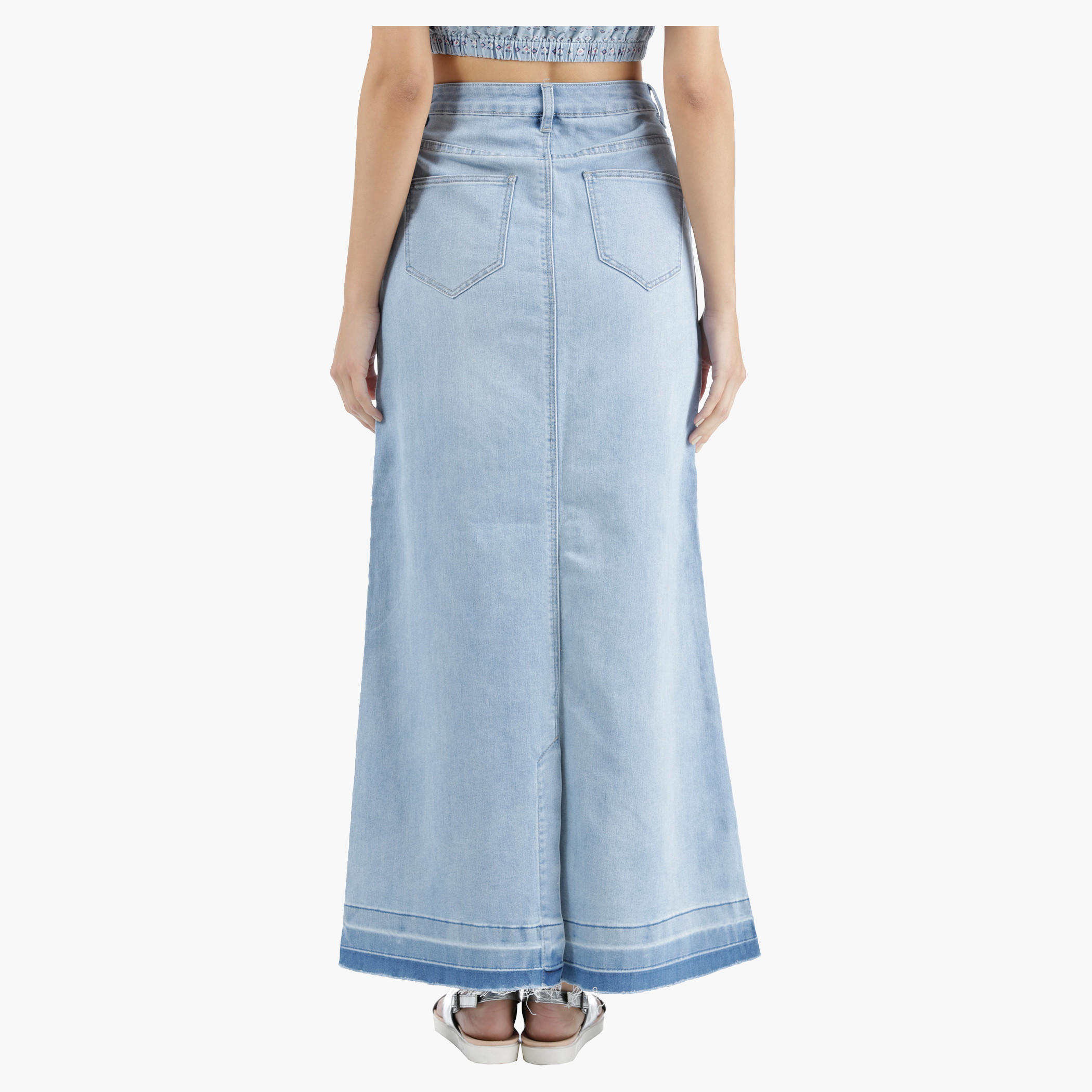 Lee Cooper Denim A-Line Maxi Skirt with Raw Hem in Regular Fit-women-clothing-bottoms-skirts-image-2