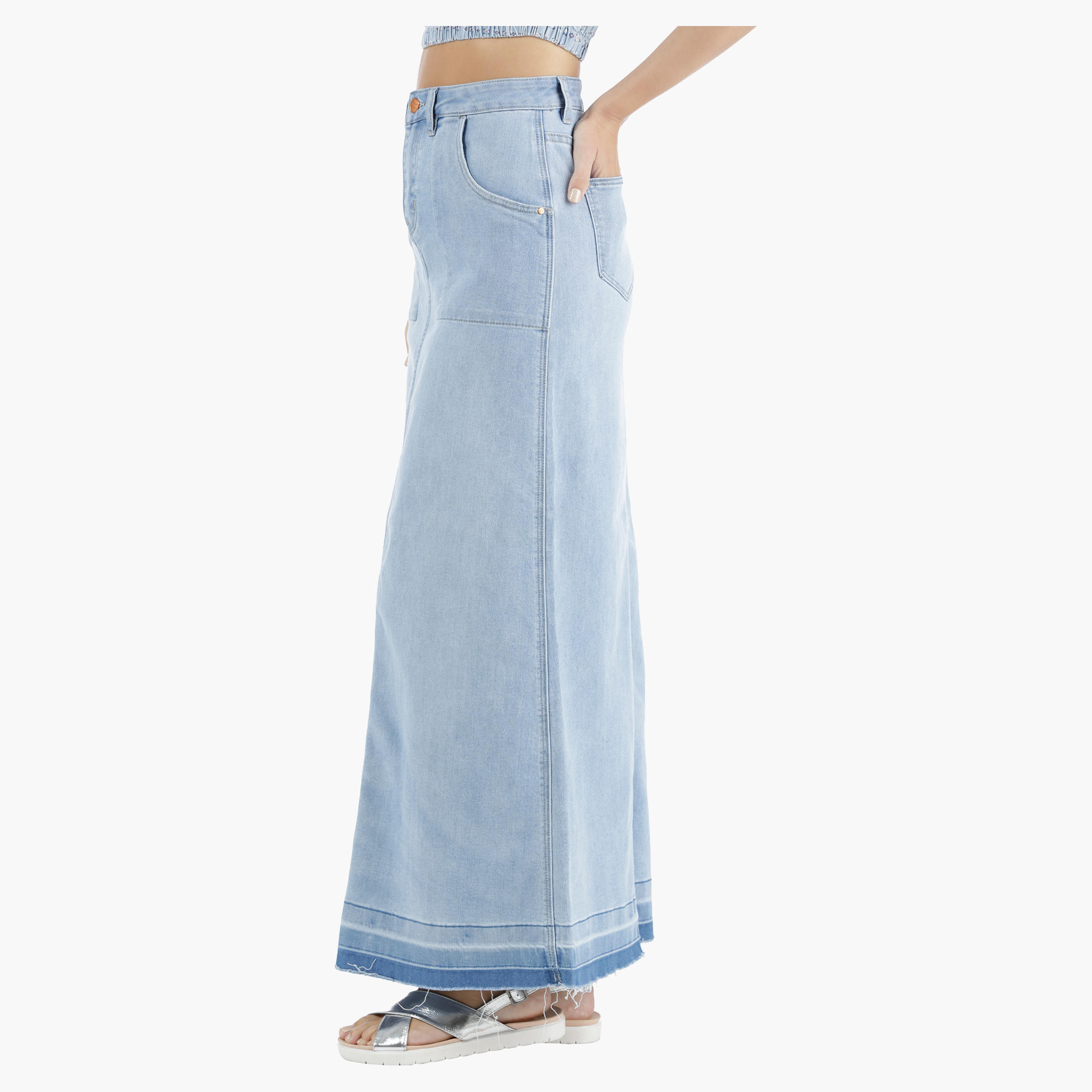 Lee Cooper Denim A-Line Maxi Skirt with Raw Hem in Regular Fit-women-clothing-bottoms-skirts-image-3