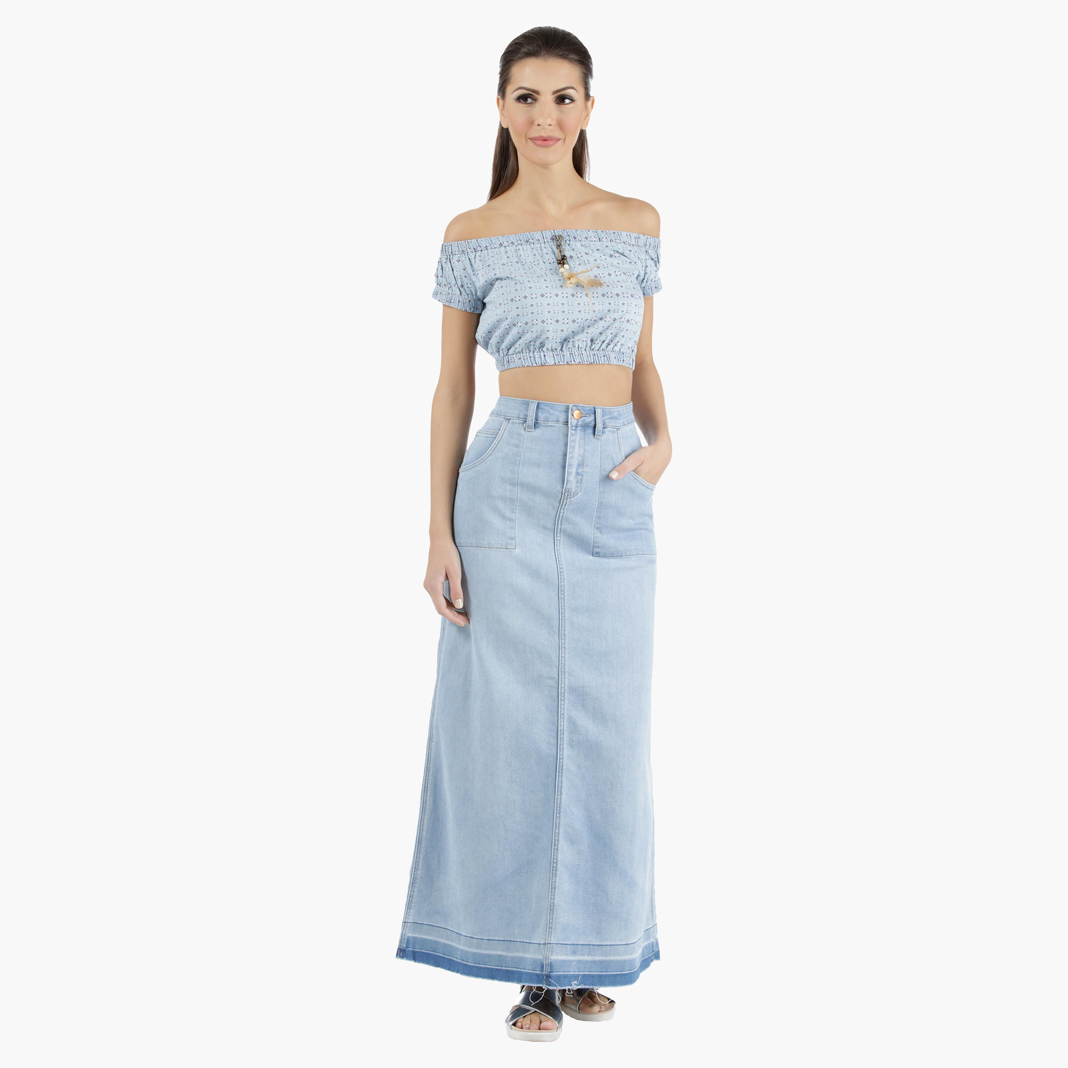 Lee Cooper Denim A-Line Maxi Skirt with Raw Hem in Regular Fit-women-clothing-bottoms-skirts-image-5