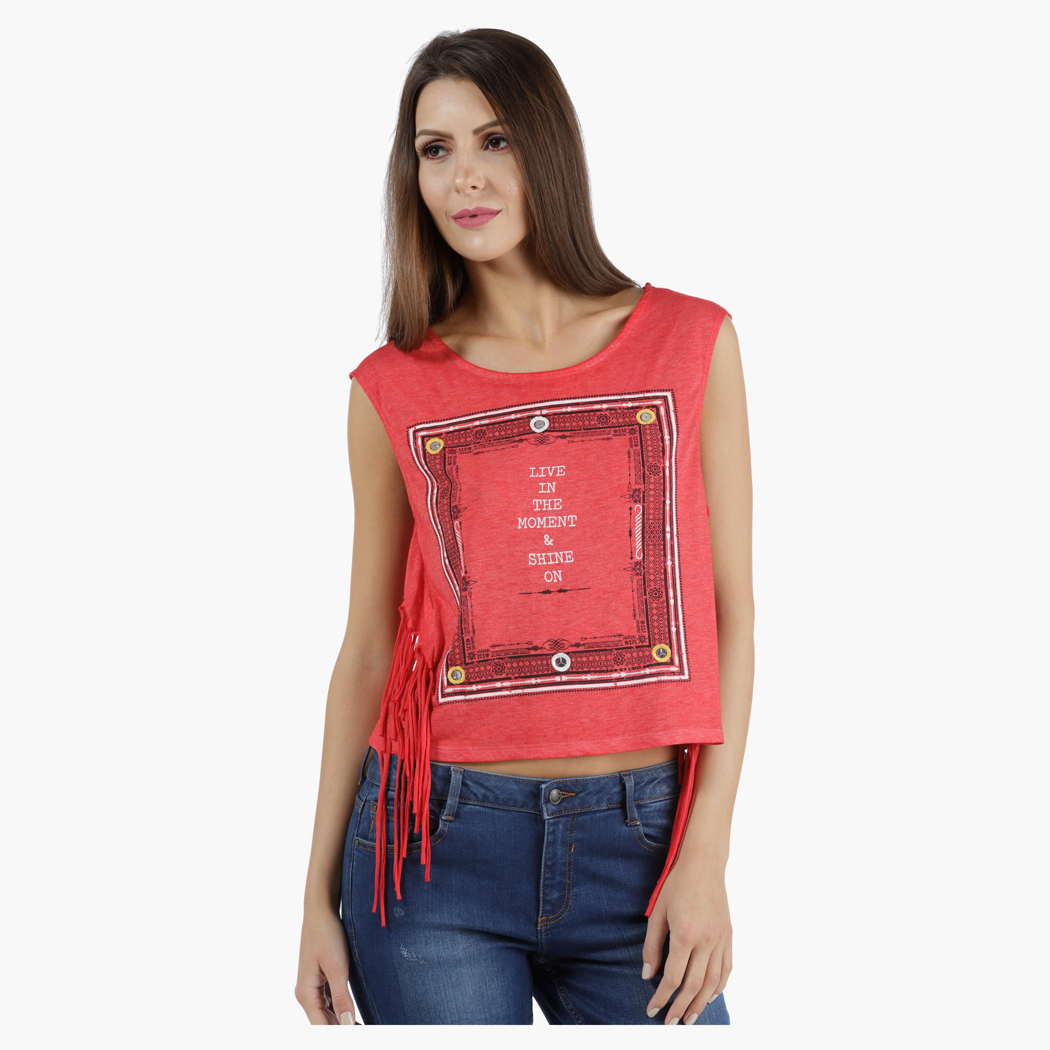 Lee Cooper Printed Burnout T-Shirt with Fringes in Regular Fit-women-clothing-tshirts-image-1