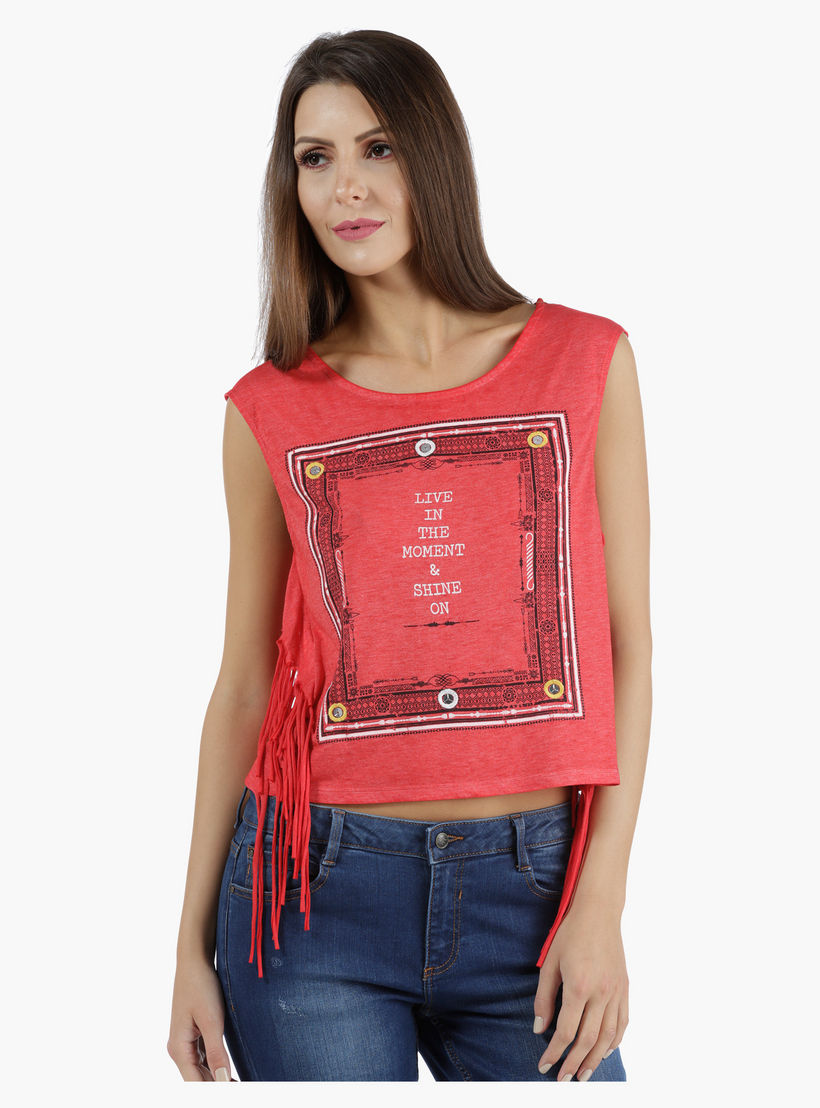 Lee Cooper Printed Burnout T-Shirt with Fringes in Regular Fit-women-clothing-tshirts-image-1