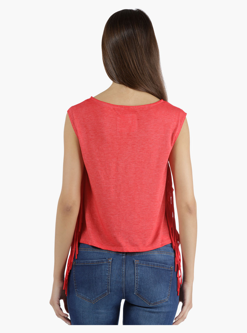 Lee Cooper Printed Burnout T-Shirt with Fringes in Regular Fit-women-clothing-tshirts-image-2