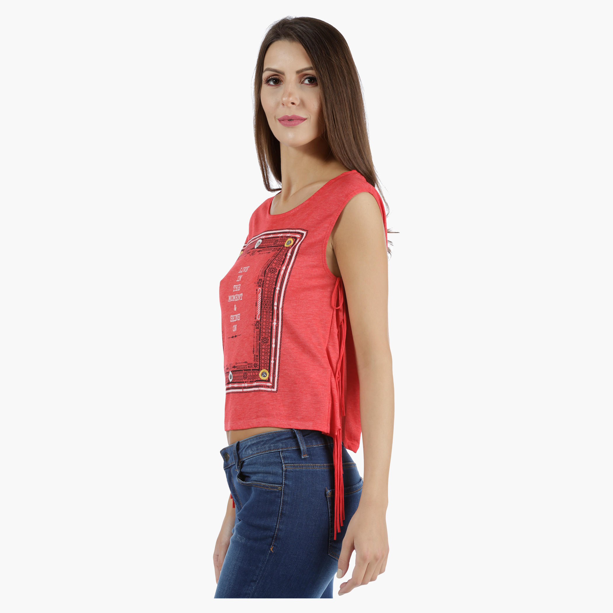 Lee Cooper Printed Burnout T-Shirt with Fringes in Regular Fit-women-clothing-tshirts-image-3