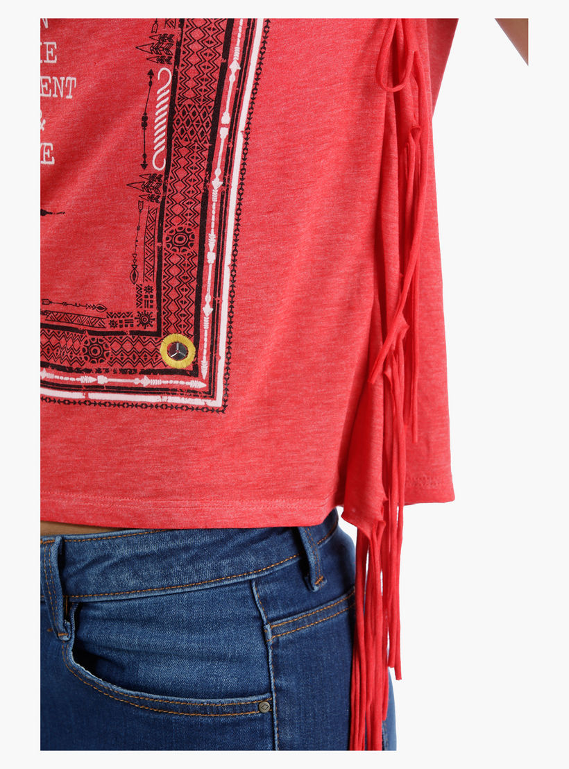 Lee Cooper Printed Burnout T-Shirt with Fringes in Regular Fit-women-clothing-tshirts-image-4