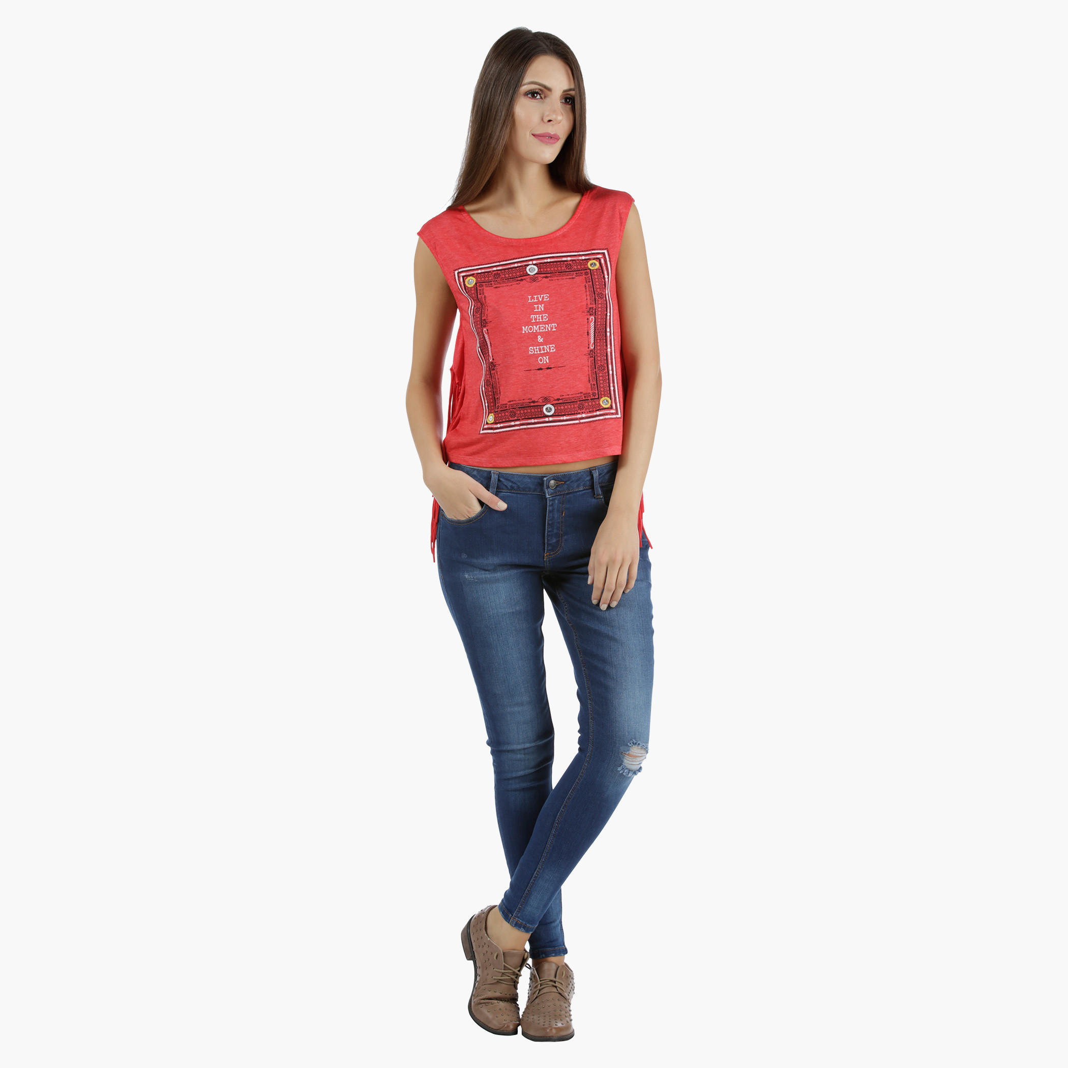 Lee Cooper Printed Burnout T-Shirt with Fringes in Regular Fit-women-clothing-tshirts-image-5