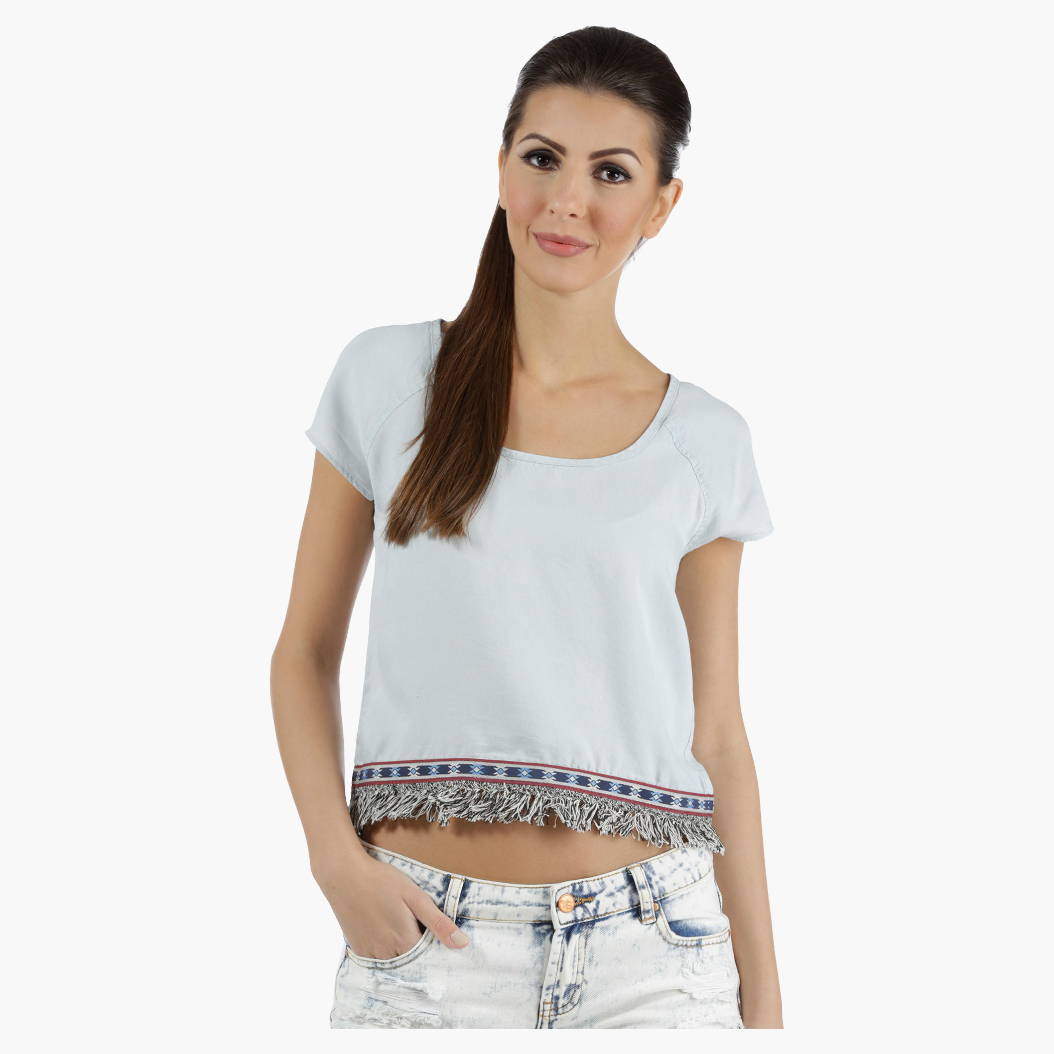 Lee Cooper Denim Crop Top with Fringed Trim in Regular Fit-women-clothing-shirtsandblouses-blouses-image-1