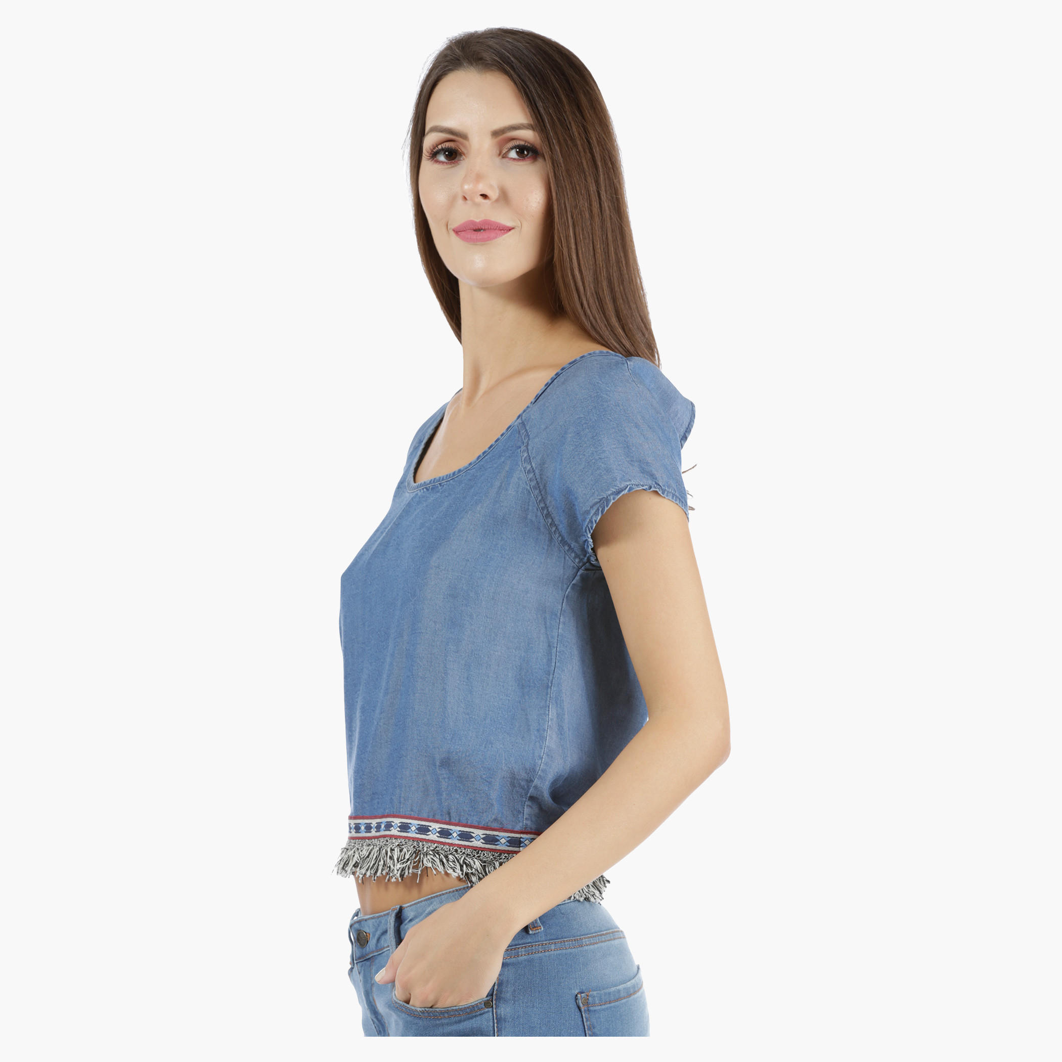 Lee Cooper Denim Crop Top with Fringed Trim in Regular Fit-women-clothing-shirtsandblouses-blouses-image-8