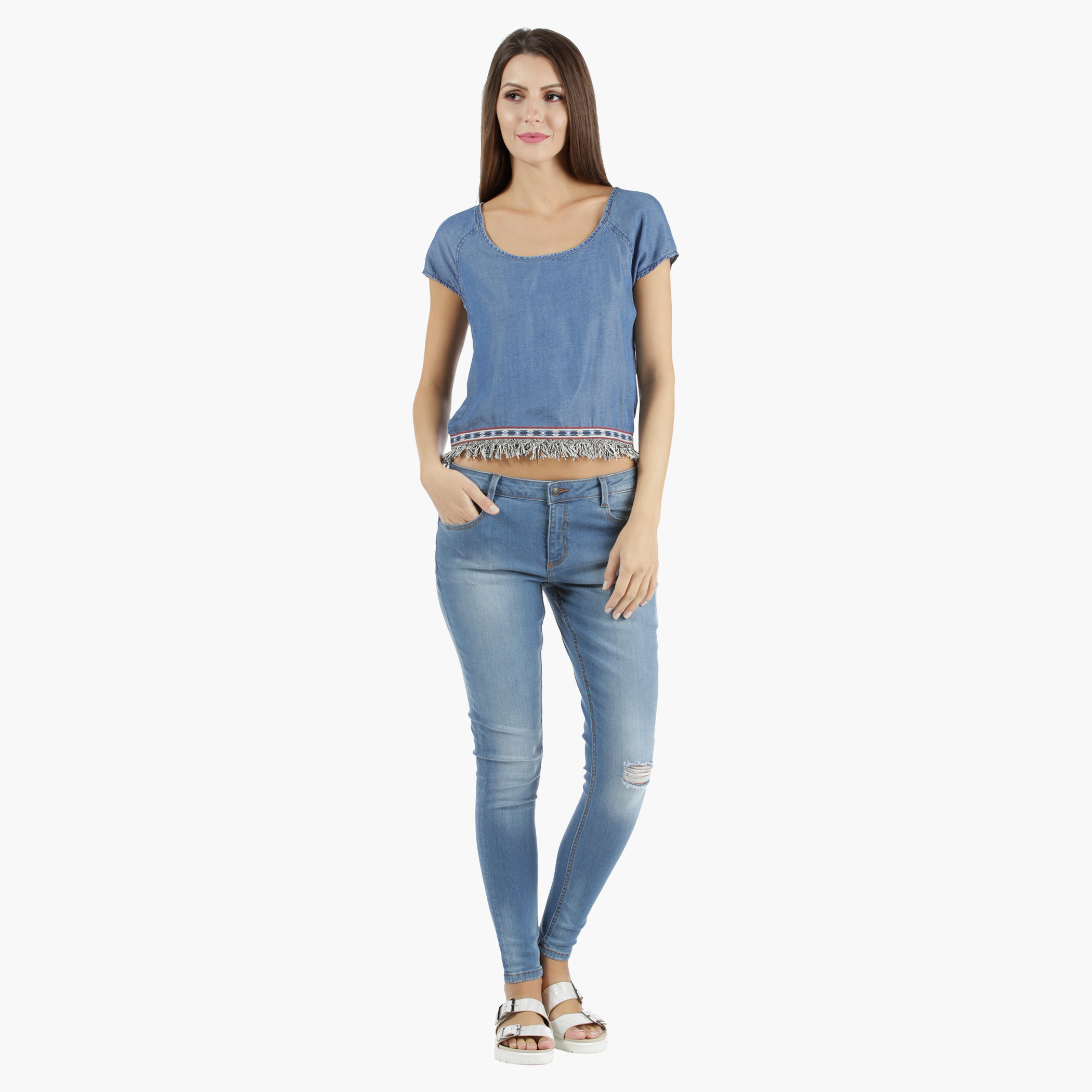Lee Cooper Denim Crop Top with Fringed Trim in Regular Fit-women-clothing-shirtsandblouses-blouses-image-10