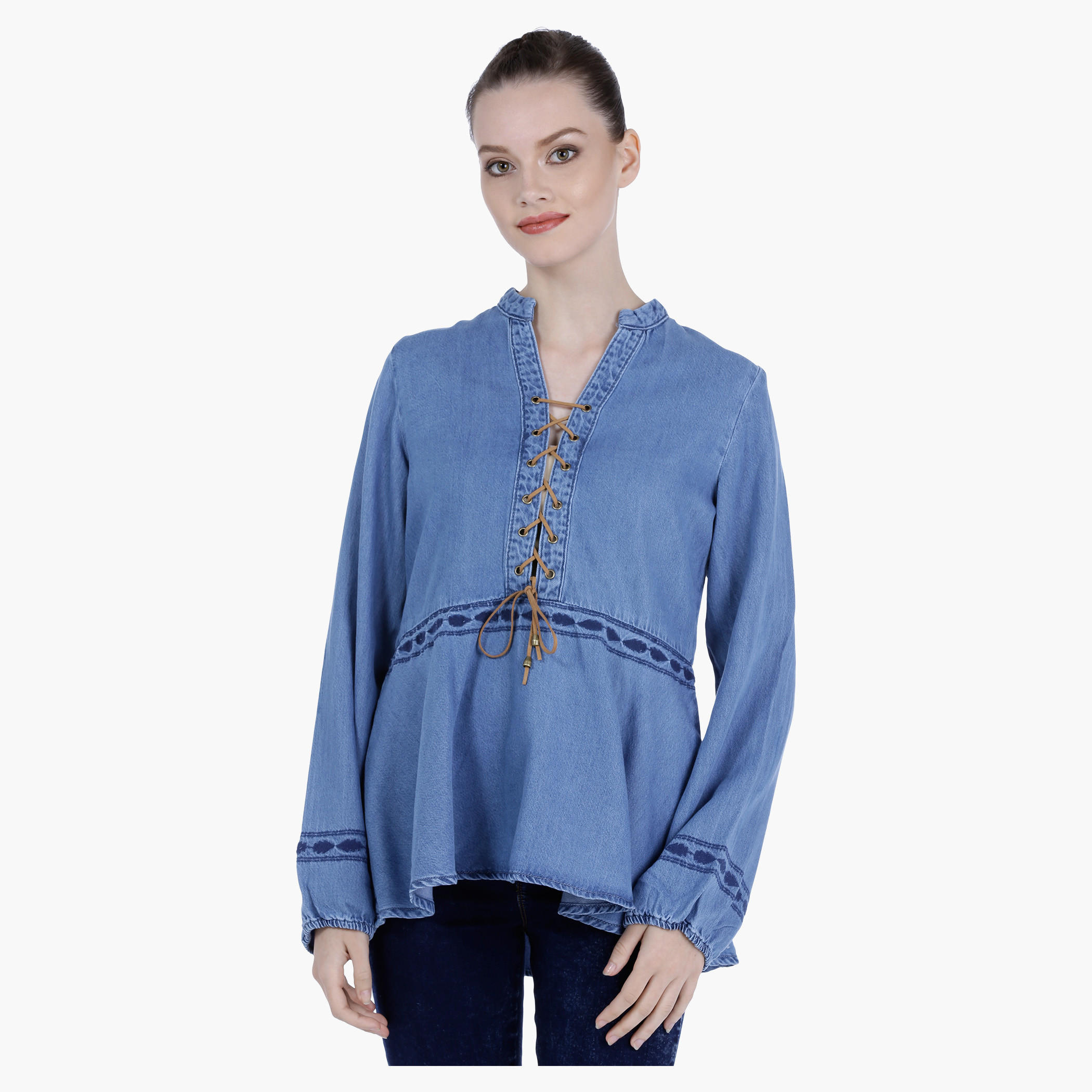 Lee Cooper Denim Peasant Top with Tie Ups-women-clothing-shirtsandblouses-blouses-image-1