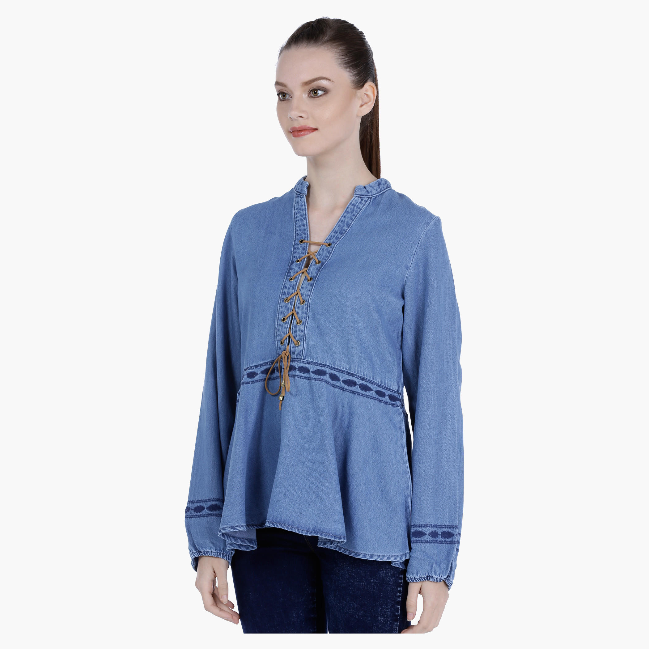 Lee Cooper Denim Peasant Top with Tie Ups-women-clothing-shirtsandblouses-blouses-image-3