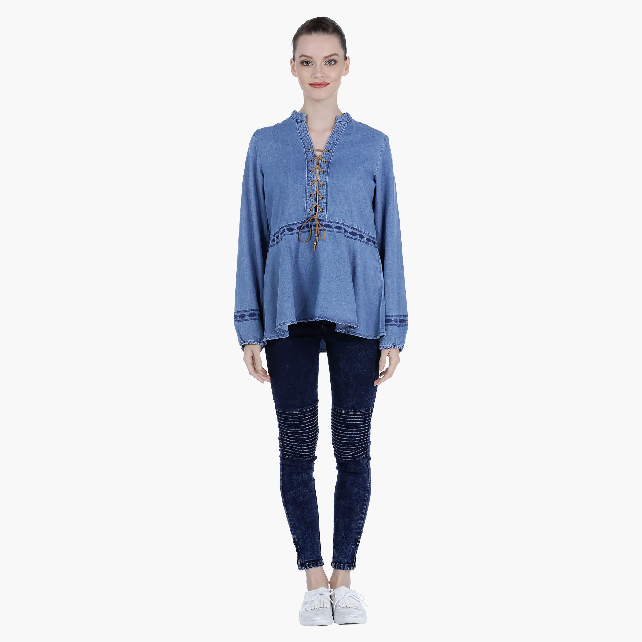 Lee Cooper Denim Peasant Top with Tie Ups-women-clothing-shirtsandblouses-blouses-image-5